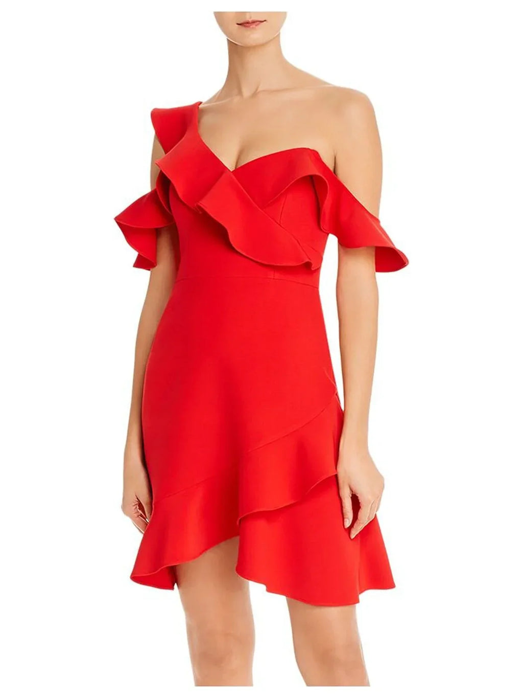 BCBG MAXAZRIA Womens Red Cold Shoulder Asymmetrical Neckline Short Party Fit + Flare Dress 12 - Exclusive Design