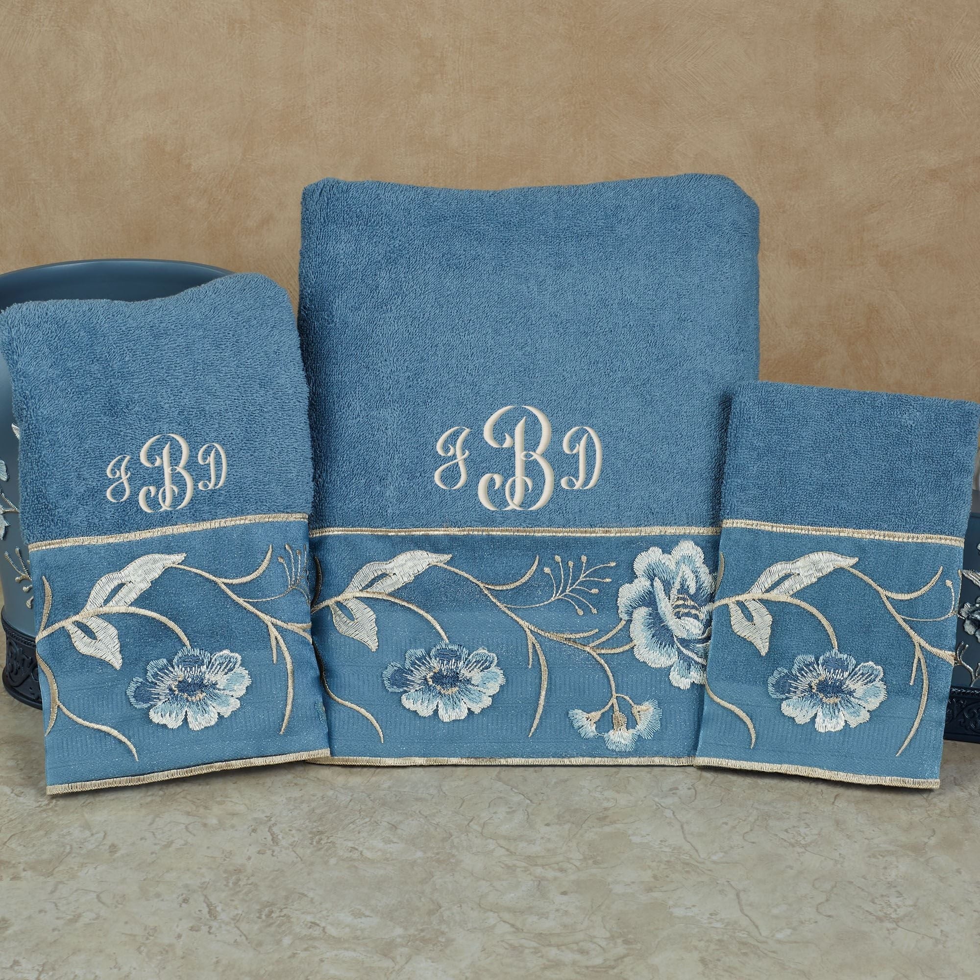 Dublin Rose Embroidered Floral Blue Cotton Bath Towel Set of 3 BHW