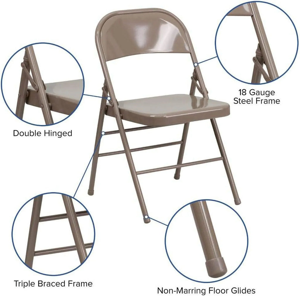 2 Pack HERCULES Series Triple Braced & Double Hinged Beige Metal Folding Chair