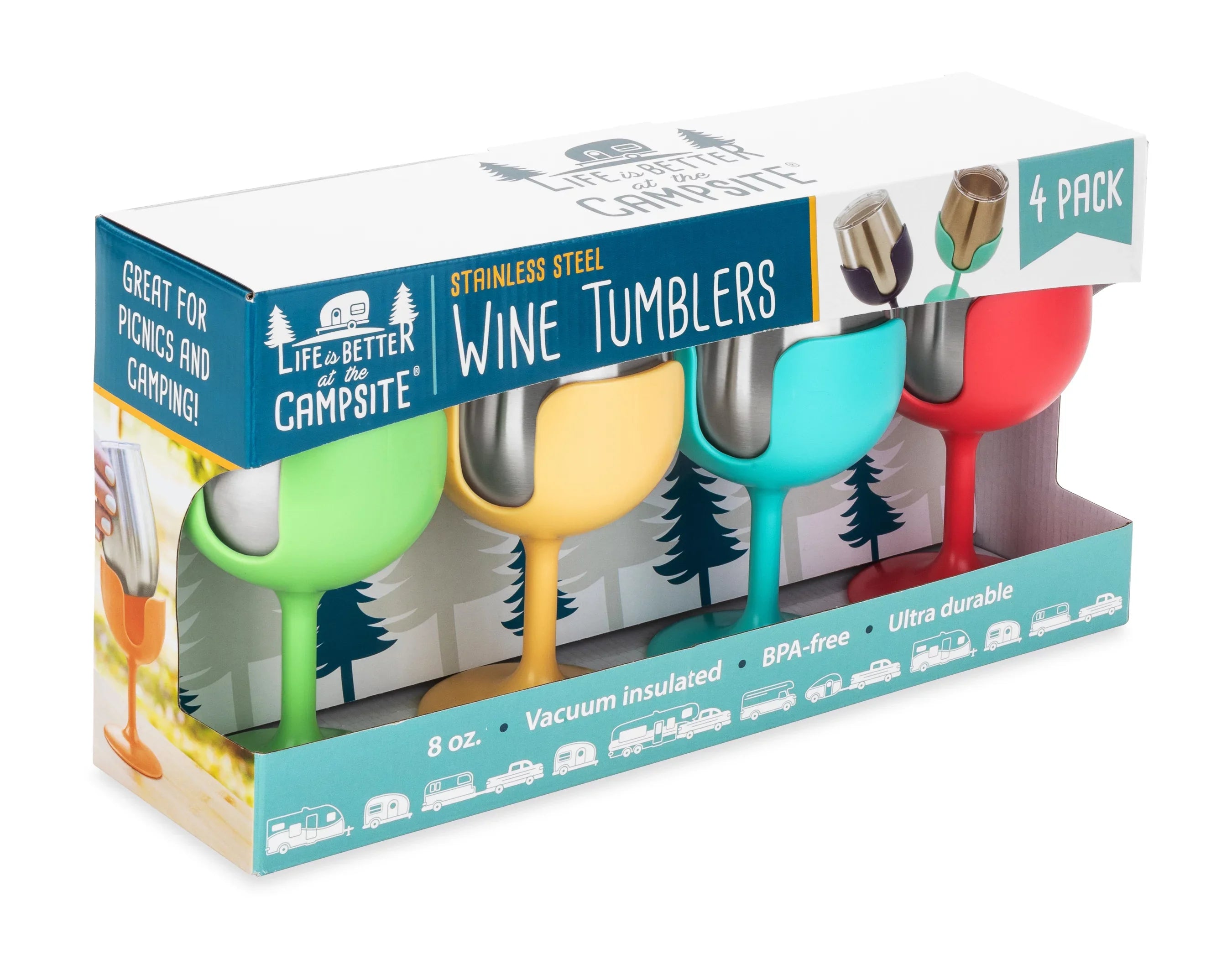 Stylish Camco Life is Better at the Campsite Wine Tumblers | Features a Vacuum Insulated Kitchen Grade 18/8 Stainless Steel Construction, 4 Colorful Removable Stems, and Comes in a 8oz Size (53068)