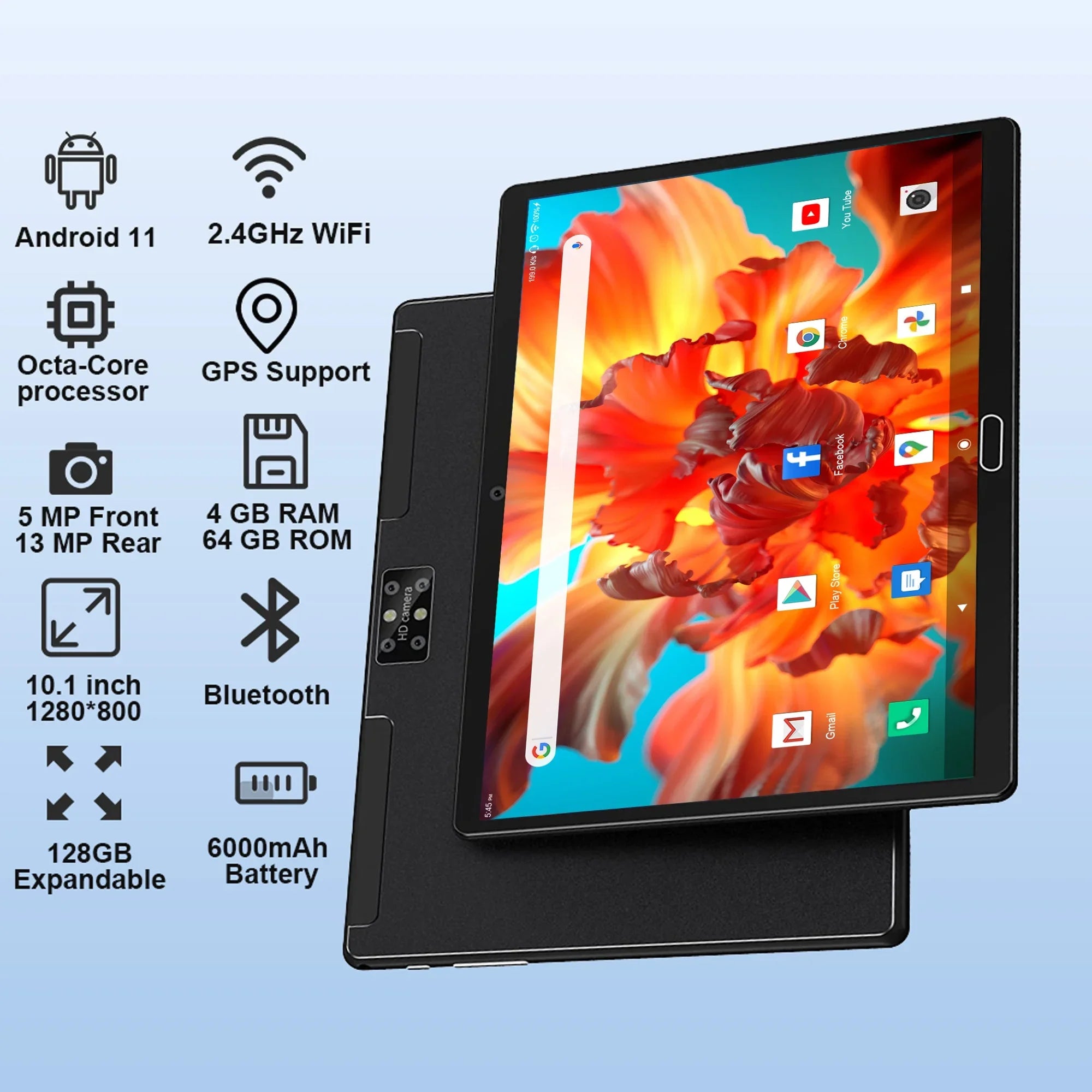 Android 11,Tablet with Keyboard,10 inch 2 in 1 Tablets,64GB ROM(up to 128GB Expand ),6000mAh Battery,Latest 1.6GHz Octa- 4G Cellular Tablet PC,Dual Camera,Wi-Fi,Bluetooth,GPS,Black