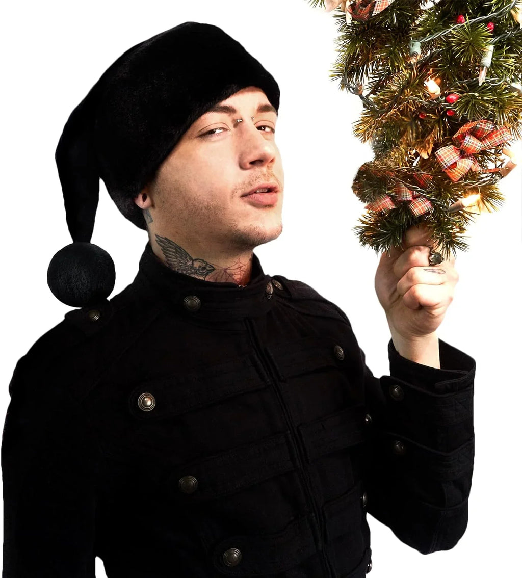 Stylish All Black Santa Hat - Faux Fur Black Trim - Gothic Xmas Accessory, Goth Christmas Hat - Adult, 1 Size