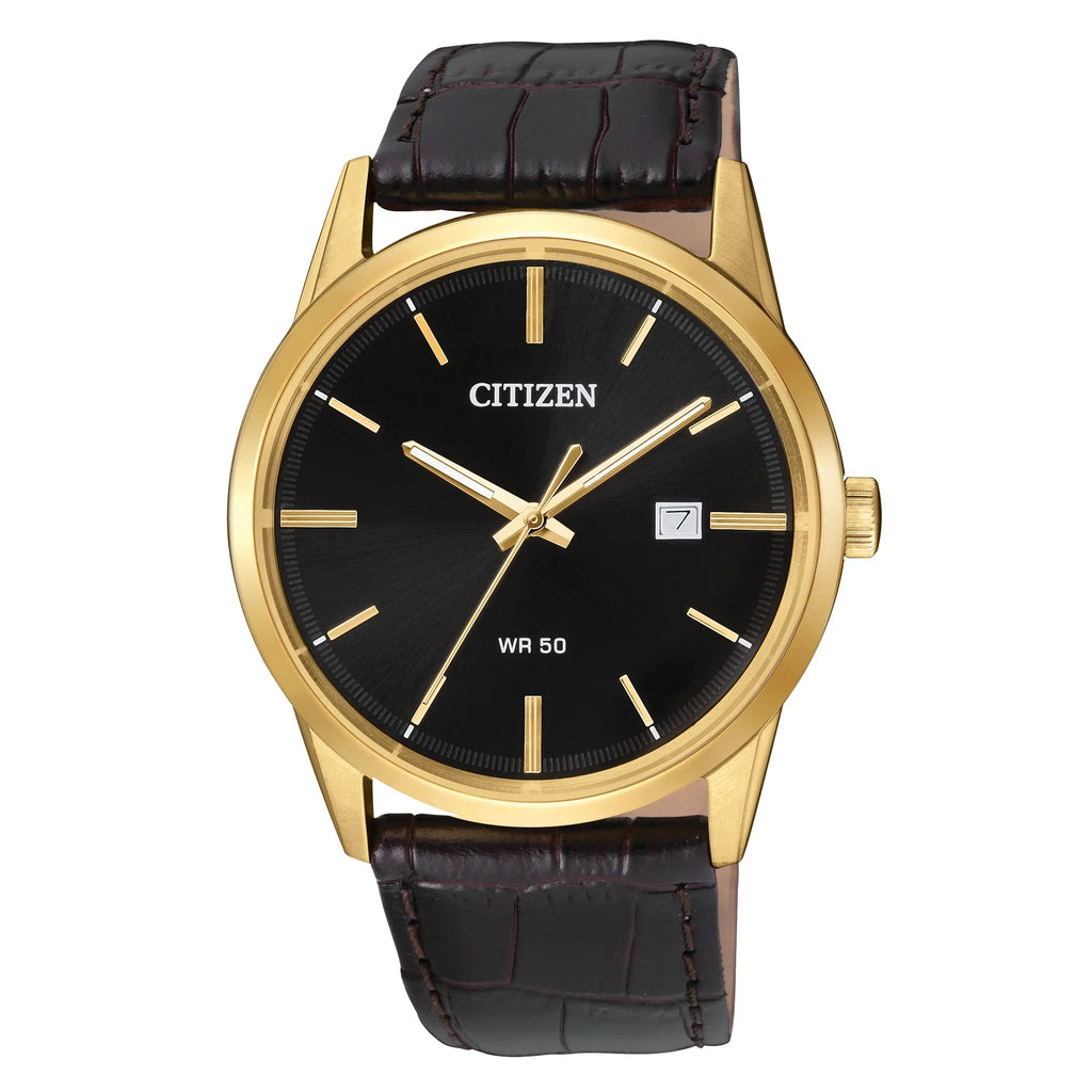 Stylish Citizen Men's Quartz BI5002-06E Gold Tone Leather Band Black Dial Date Watch