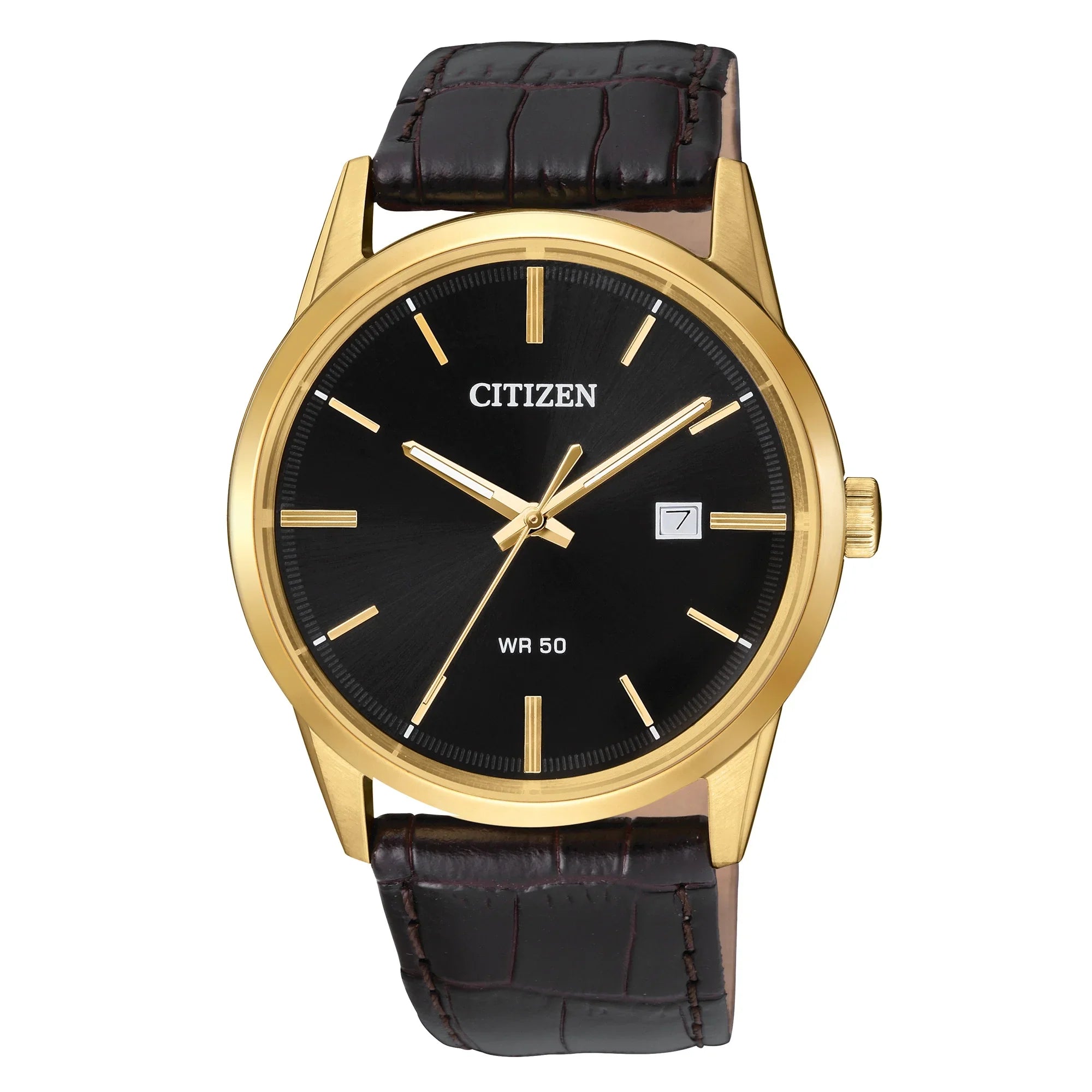 Stylish Citizen Men's Quartz BI5002-06E Gold Tone Leather Band Black Dial Date Watch
