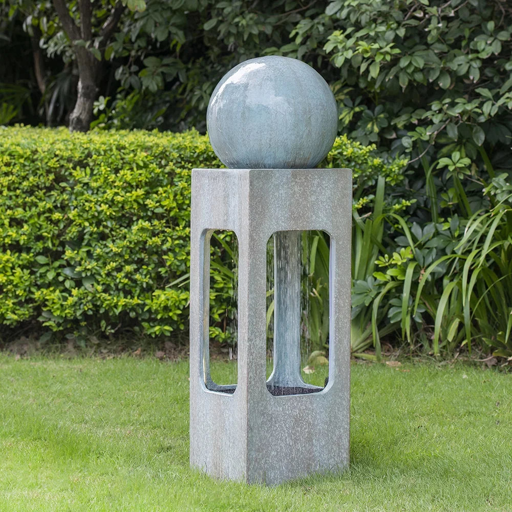 CoSoTower 13X13X44" Tall Contemporary Sphere Outdoor Water Fountain, Cement/Concrete Outdoor Fountain, Antique Blue Raindrop Water Feature with Light for Garden, Lawn, Deck & Patio - Exclusive Design