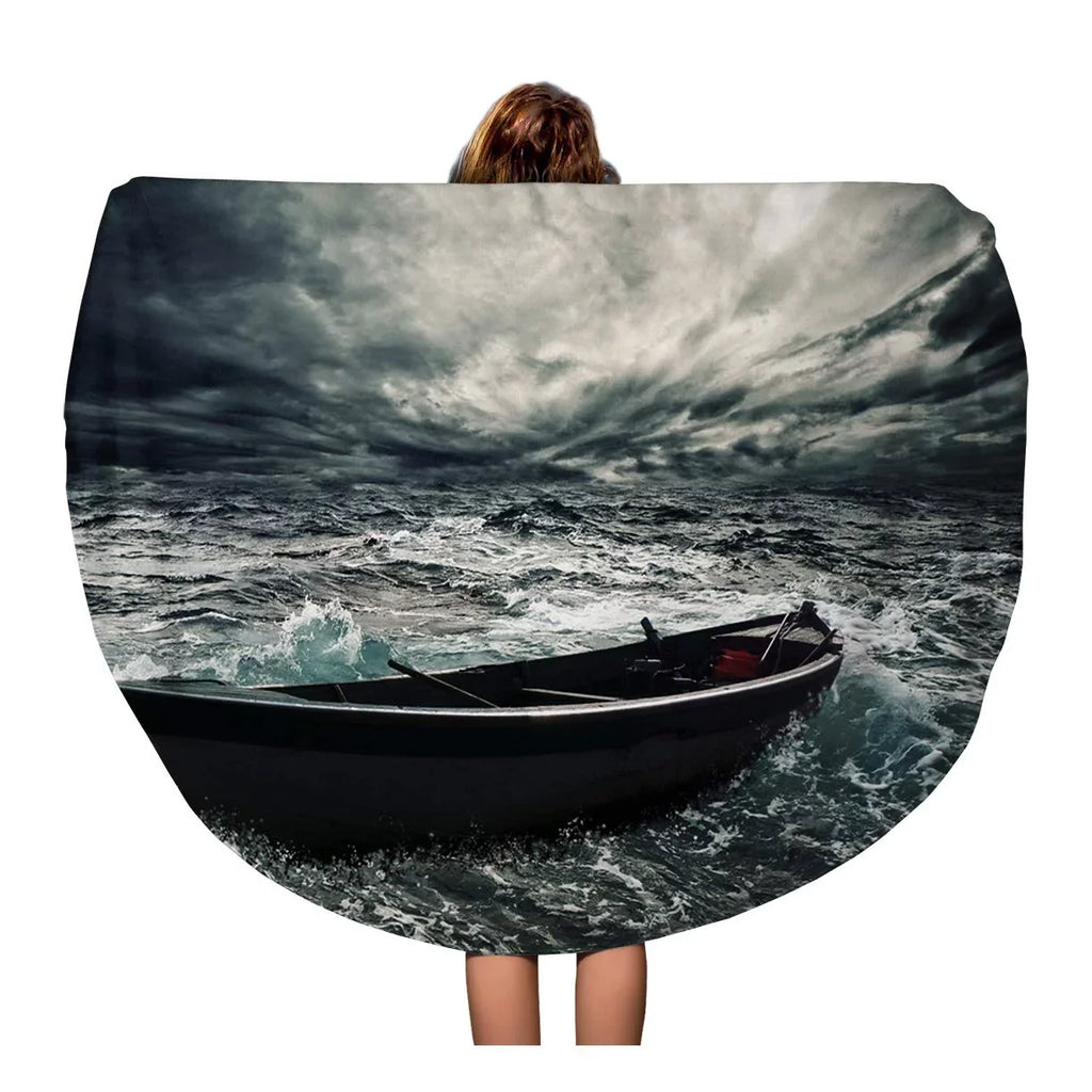 KDAGR 60 inch Round Beach Towel Blanket Storm Abandoned Boat in Stormy Sea Sky Dramatic Fishing Travel Circle Circular Towels Mat Tapestry Beach Throw - Exclusive Design
