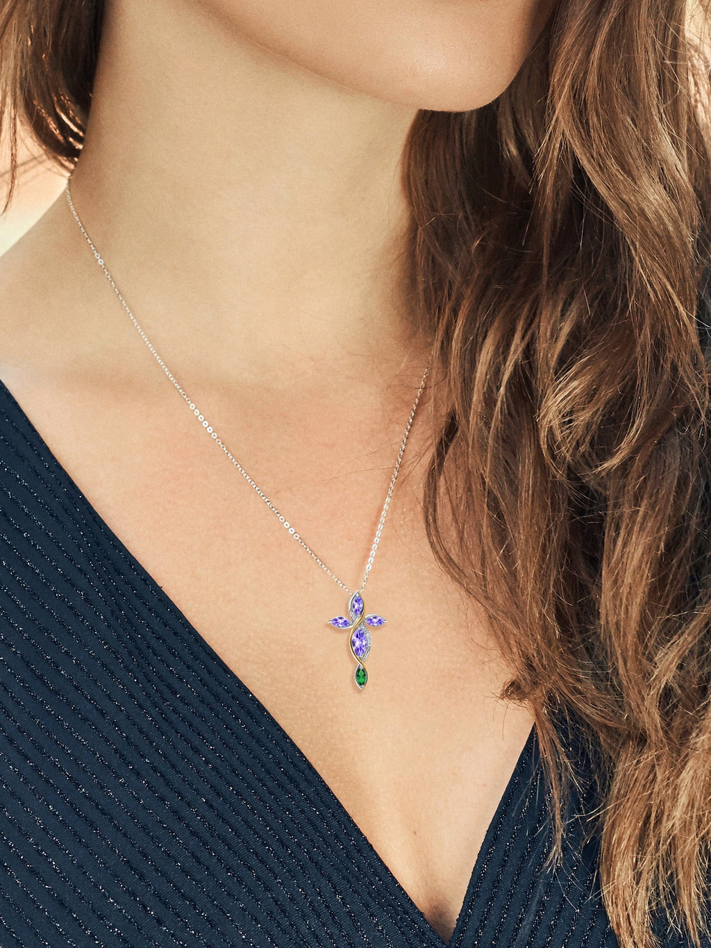 Stylish Gem Stone King 925 Silver and 10K Yellow Gold Marquise Blue Tanzanite Green Nano Emerald and Lab Grown Diamond Cross Pendant Necklace For Women (1.48 Cttw, with 18 inch Chain)