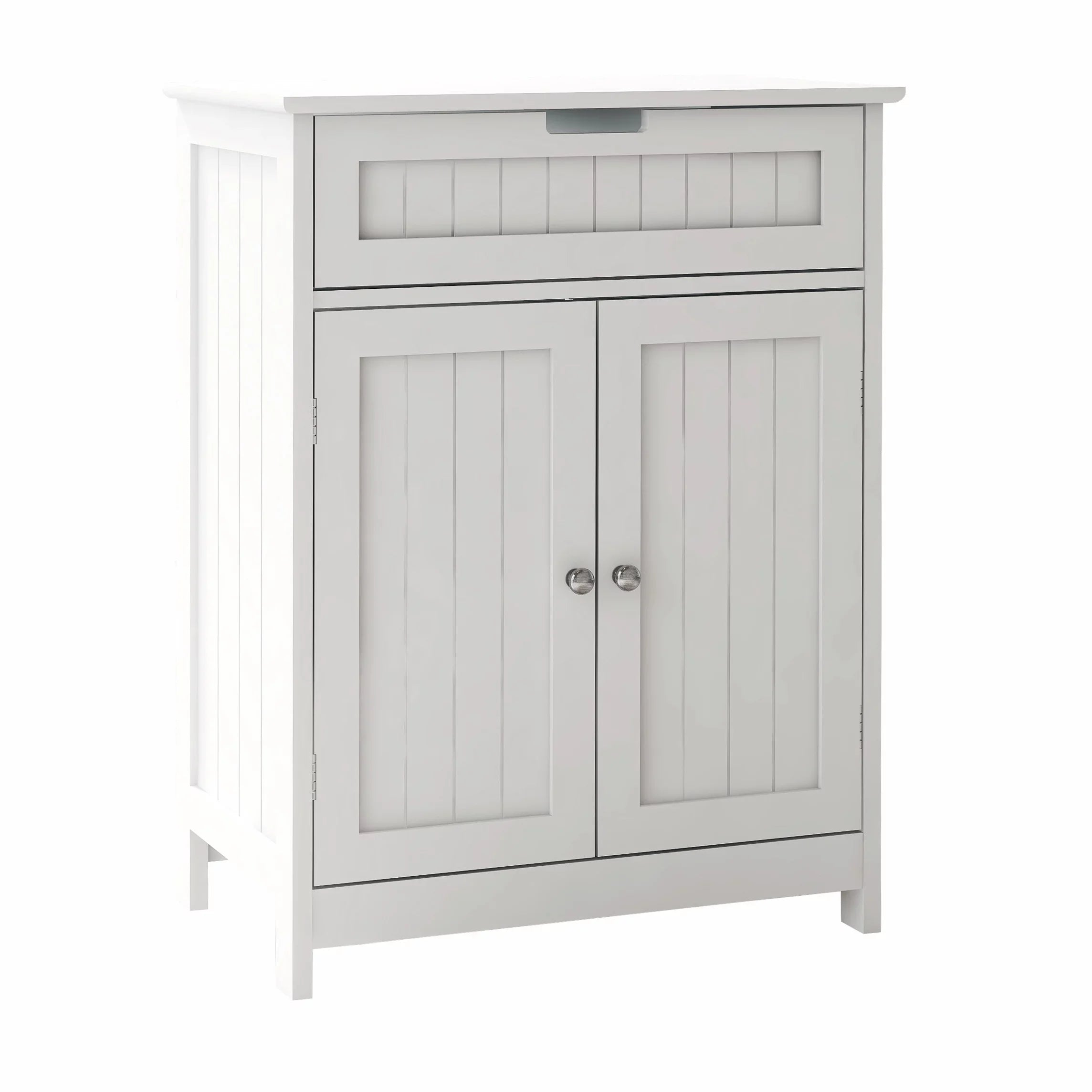Stylish Versatile Bathroom Floor Cabinet in White Freestanding Wood Storage Organizer 2 Doors, 1 Drawer Adjustable Shelf Elegant Design for Bathroom and Living Room.