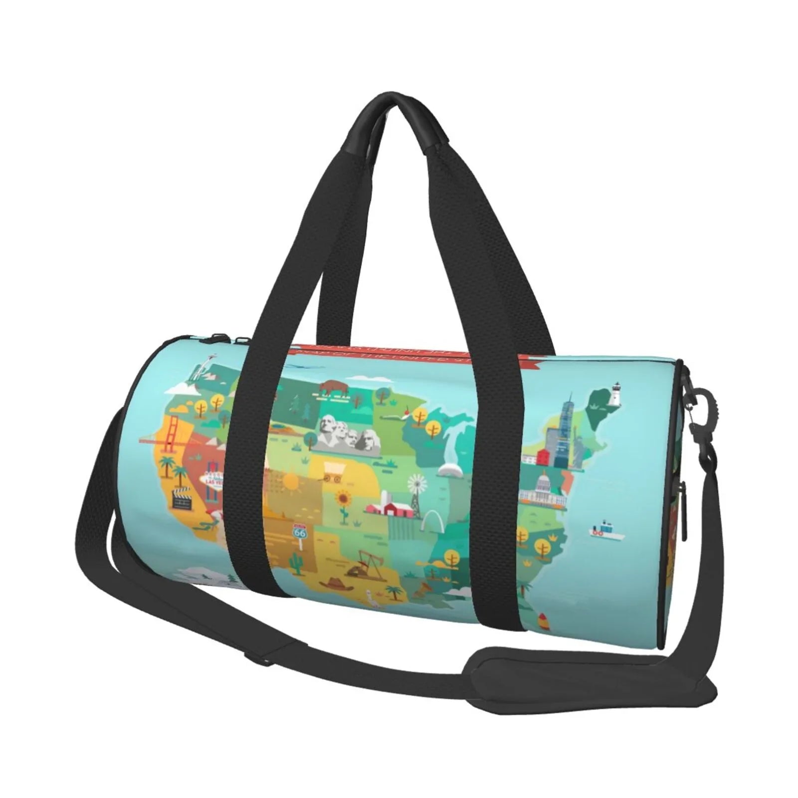 Stylish Coaee USA Tourist Map Large Capacity Travel Luggage Bag Cylinder Gym Bag Waterproof Sports Bag with Pocket and Compartment