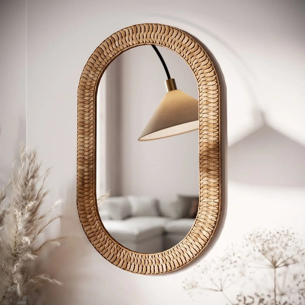 Oasis Grass Oval Rattan Woven Boho Wall Mirror - Exclusive Design