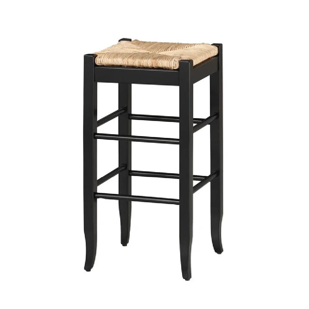 Stylish Rush Woven Wooden Frame Barstool with Saber Legs, Beige and Black- Saltoro Sherpi