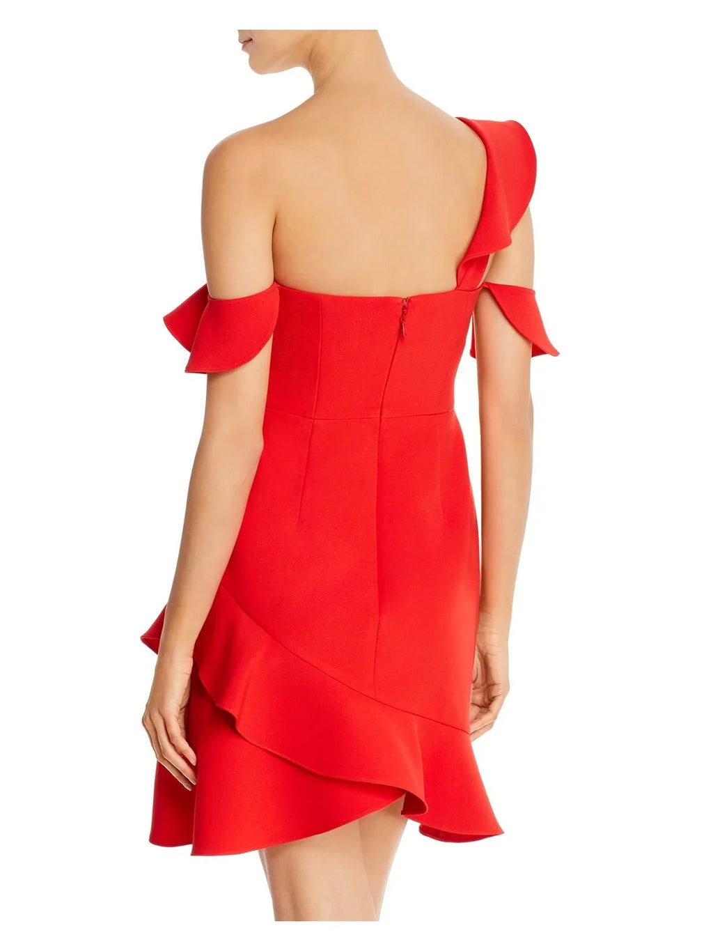 BCBG MAXAZRIA Womens Red Cold Shoulder Asymmetrical Neckline Short Party Fit + Flare Dress 12 - Exclusive Design