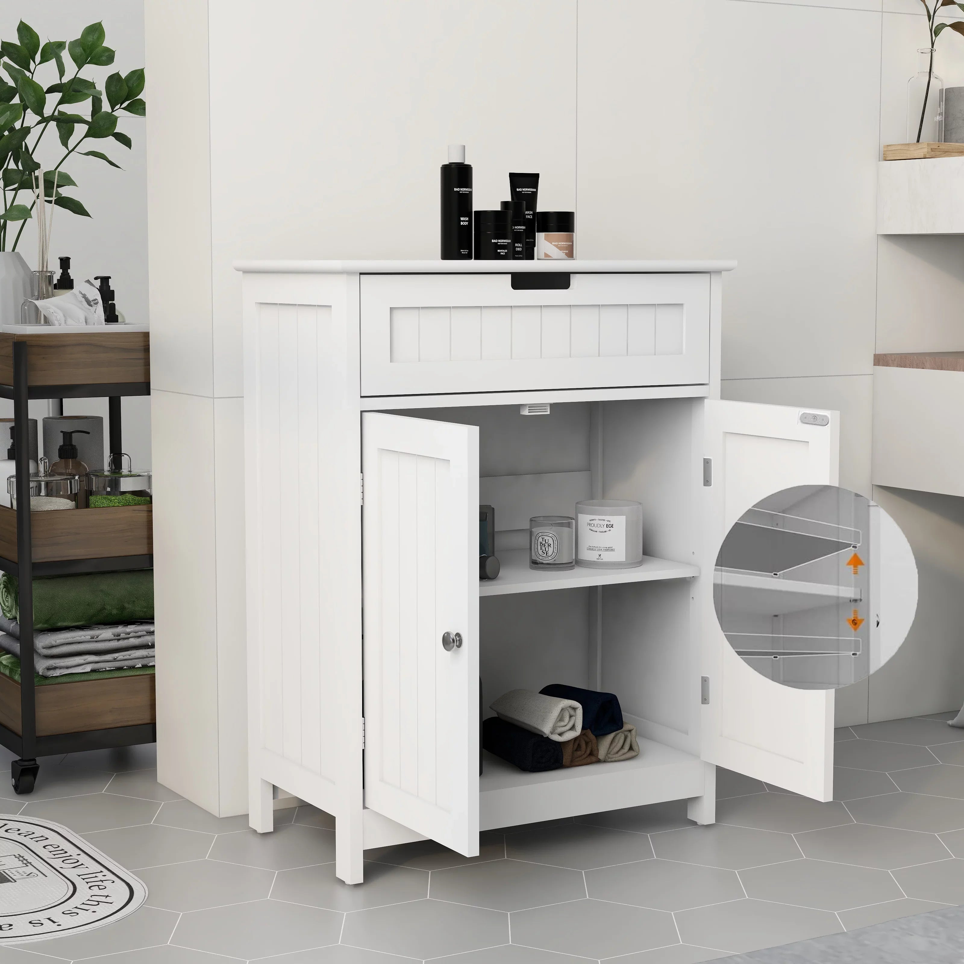 Stylish Versatile Bathroom Floor Cabinet in White Freestanding Wood Storage Organizer 2 Doors, 1 Drawer Adjustable Shelf Elegant Design for Bathroom and Living Room.