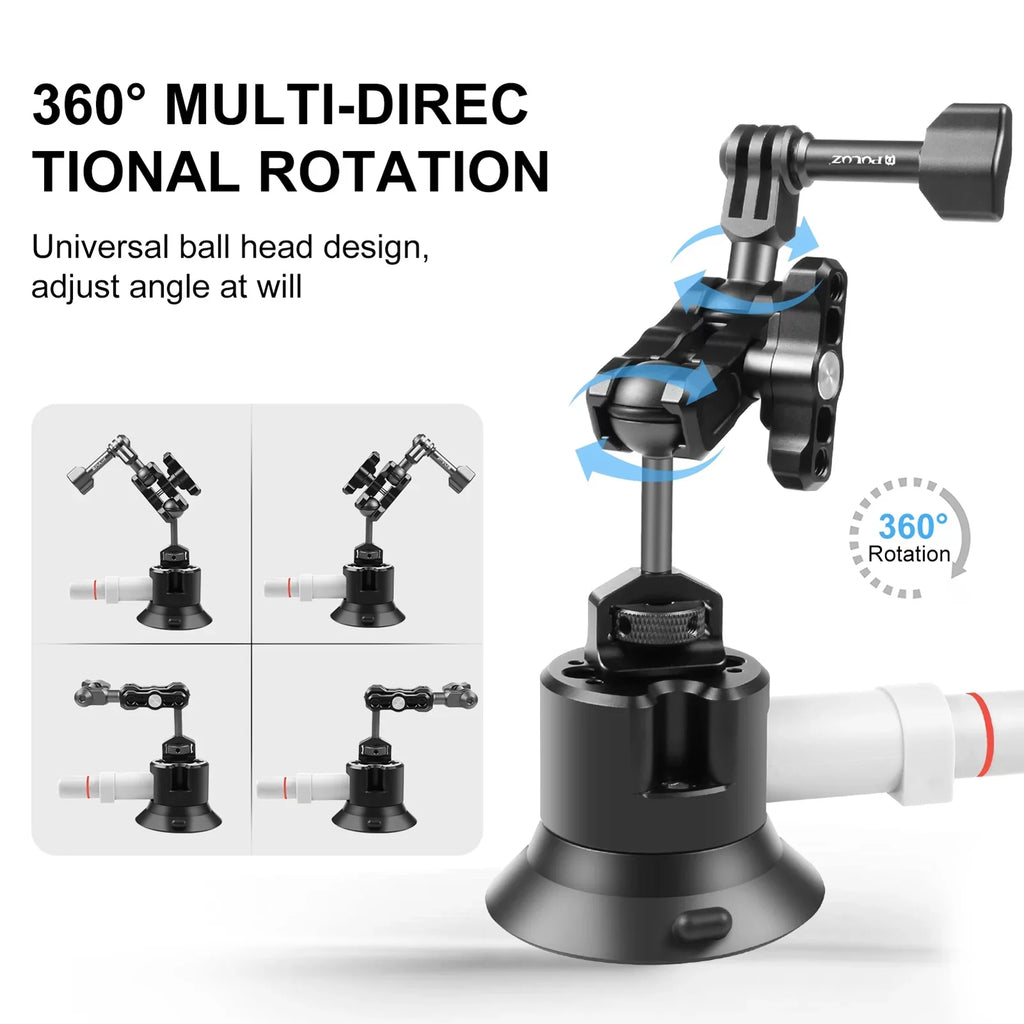PULUZ PU845B Suction Cup Mount for Action Camera Suction Camera Mount Bracket Dual 360Â° Rotatable Ballheads Replacement for GoPro Hero 11/10/9/8, Osmo Action 3/2 - Exclusive Design