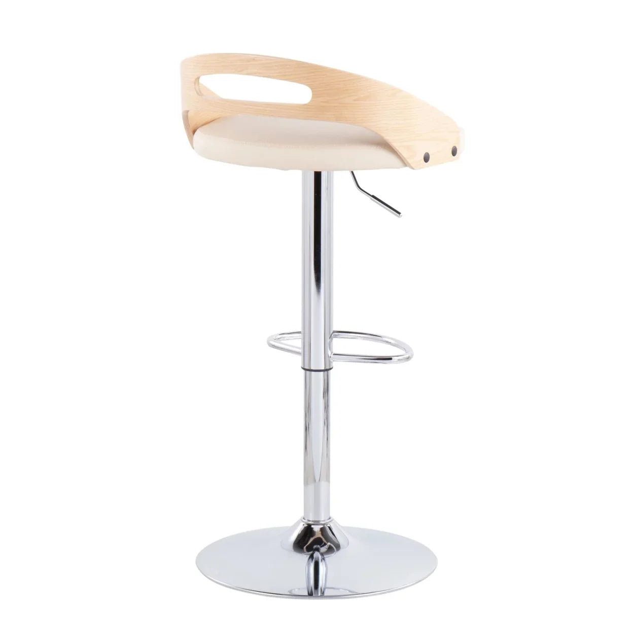 Cassis Mid-Century Modern Adjustable Barstool With Swivel In Natural Wood And Cream Faux Leather