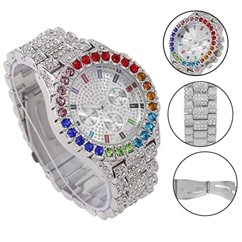 Charles Raymond Iced Out Mens Color on Blast Watch Single or Combo Sets with Blinged Out Bracelets Set. Iced Out Colourful Rainbow Flame Collection (ST10327CO-ZZ SLV) - Exclusive Design