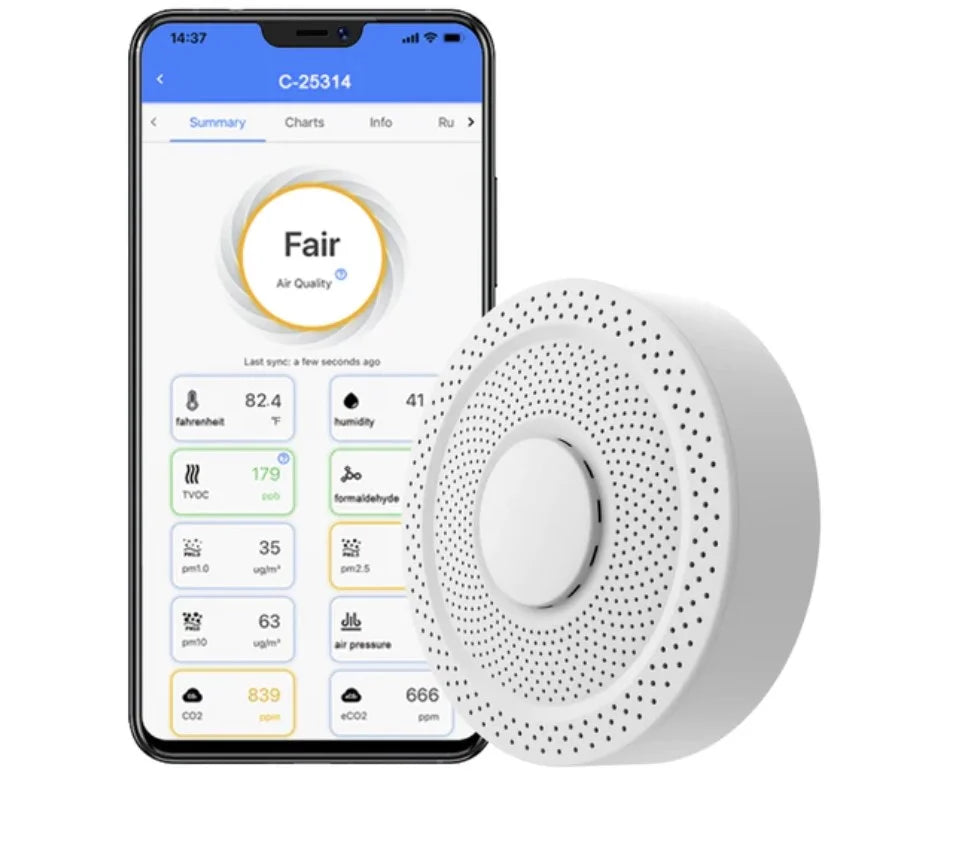 UbiBot AQS1 9-in-1 Air Quality Monitor - PM1/2.5/10, TVOC, CO2/CO2e, Temperature & Humidity, Multiple Alerts, WiFi/RS485/LAN Connectivity