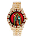 Charles Raymond The Virgin of Guadalupe Blessed Dial - Mens Hip Hop Metal Blinged Out Iced Out Wristwatch - Blood Red Baguettes and Clear Rhinestones on Trim - ST10226 BGS Single (Gold ST10361B)