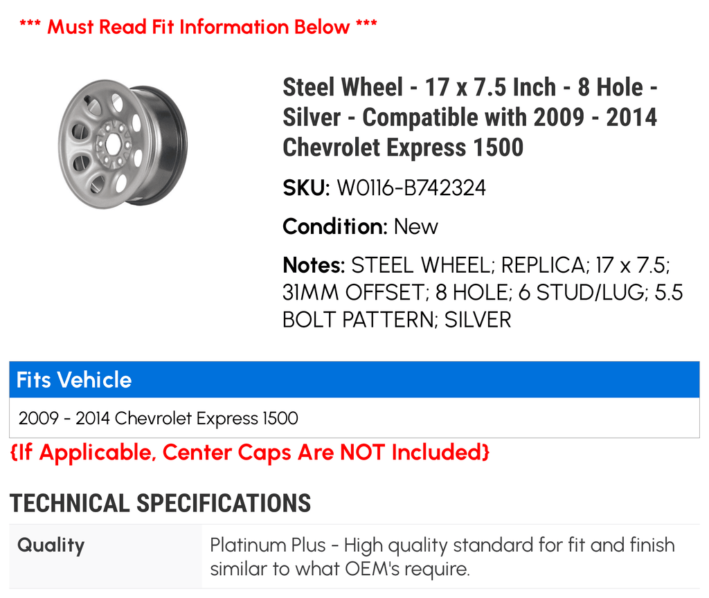 Stylish Steel Wheel - 17 x 7.5 Inch - 8 Hole - Silver - Compatible with 2009 - 2014 Chevy Express 1500 2010 2011 2012 2013