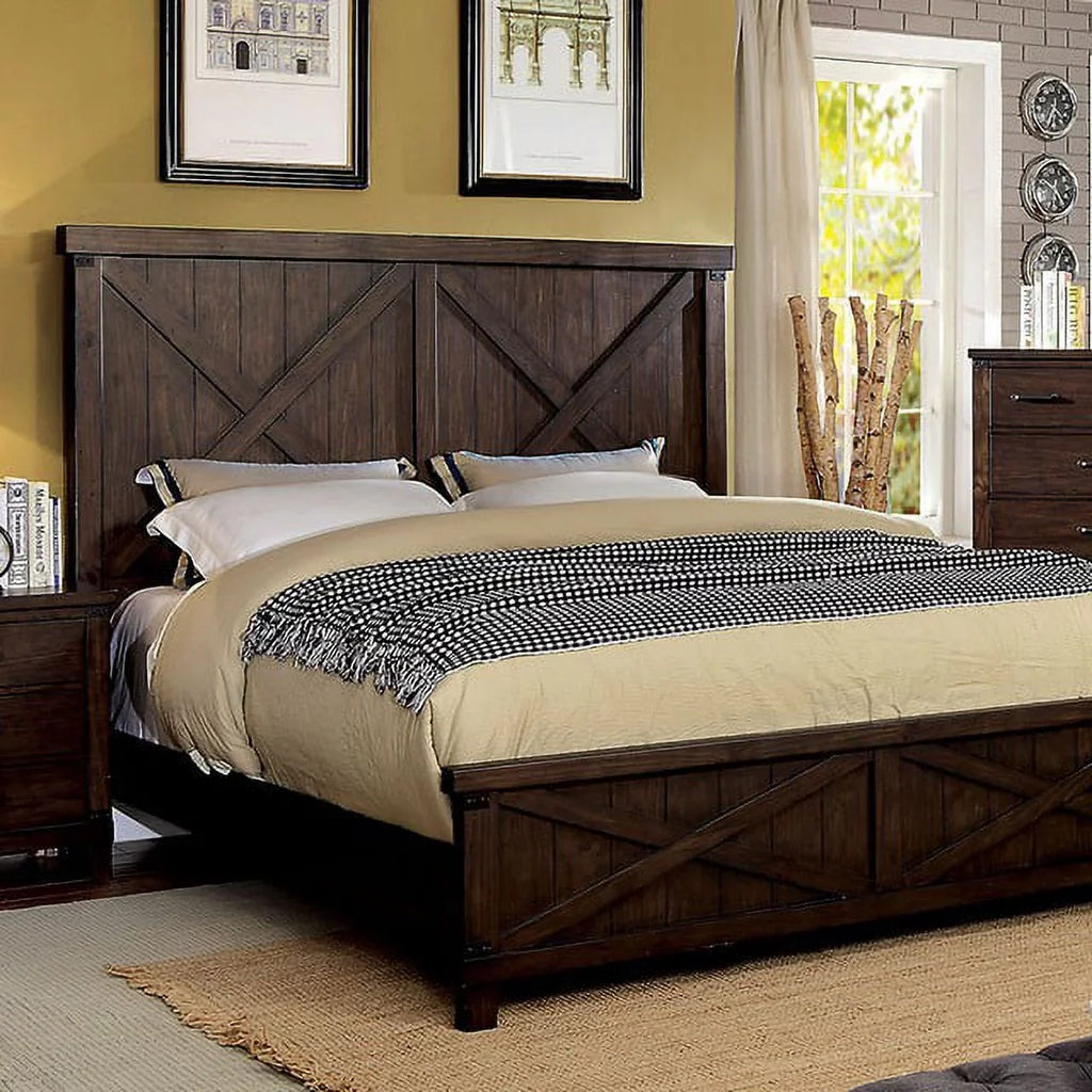 Stylish Rustic Style Dark Walnut Transitional Bedroom Furniture 1pc Bed Plank Style HB FB Eastern King Size Bed Solid Wood