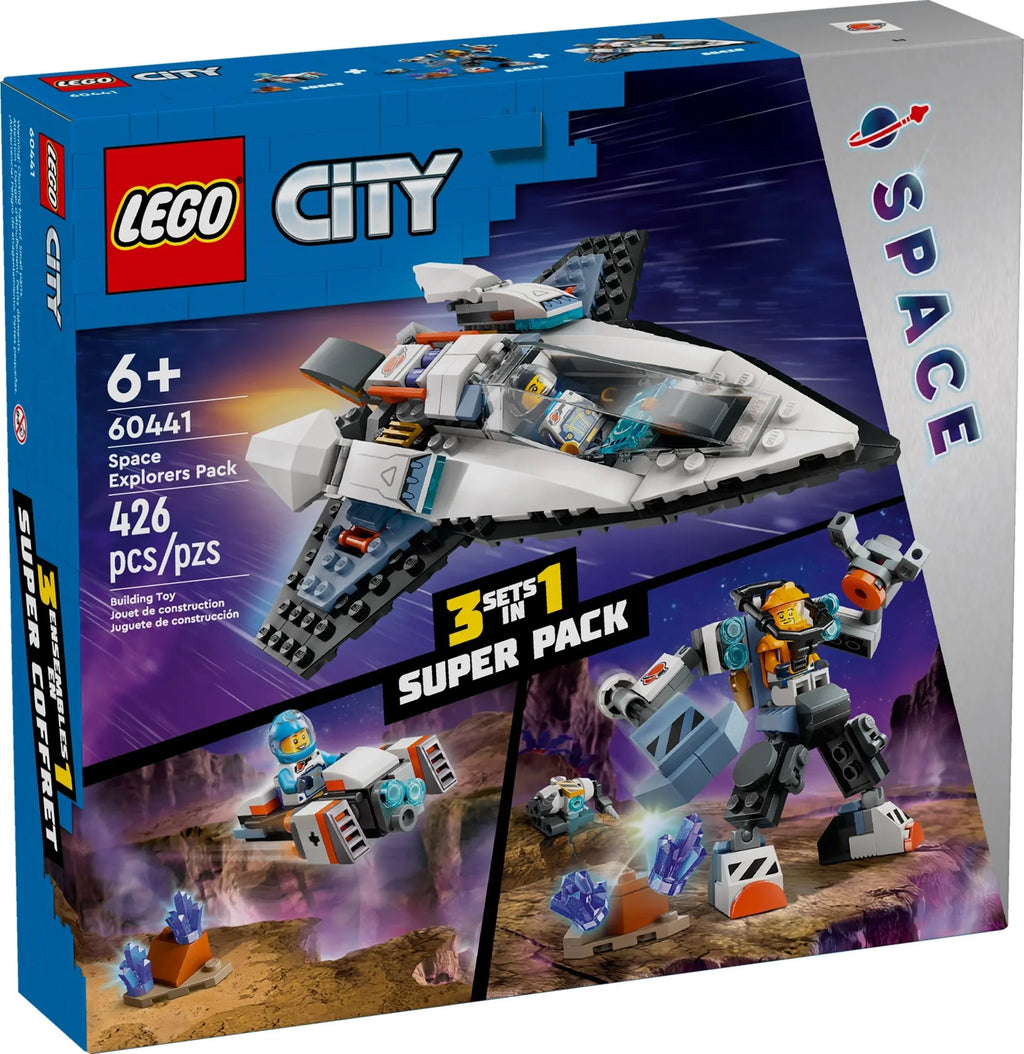 LEGO City Space Explorers Pack, Kidsâ Space Toy Playset Bundle for Boys and Girls Aged 6 and Up, 3 Building Sets in 1 Box, Space Gift Mech Toy, Interstellar Spaceship, Hoverbike, 3 Minifigures, 60441