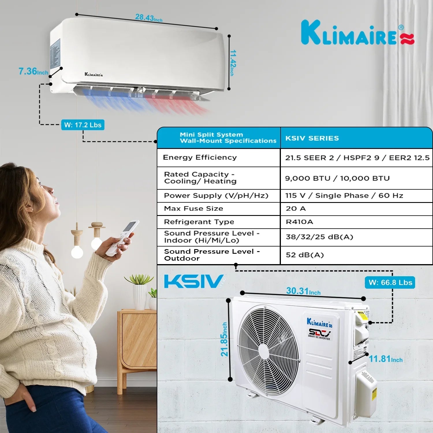 Klimaire 9,000 Btu 21.5 SEER2 Ductless Mini-Split Heat Pump Air Conditioner up to 400 sq. ft. - Exclusive Design