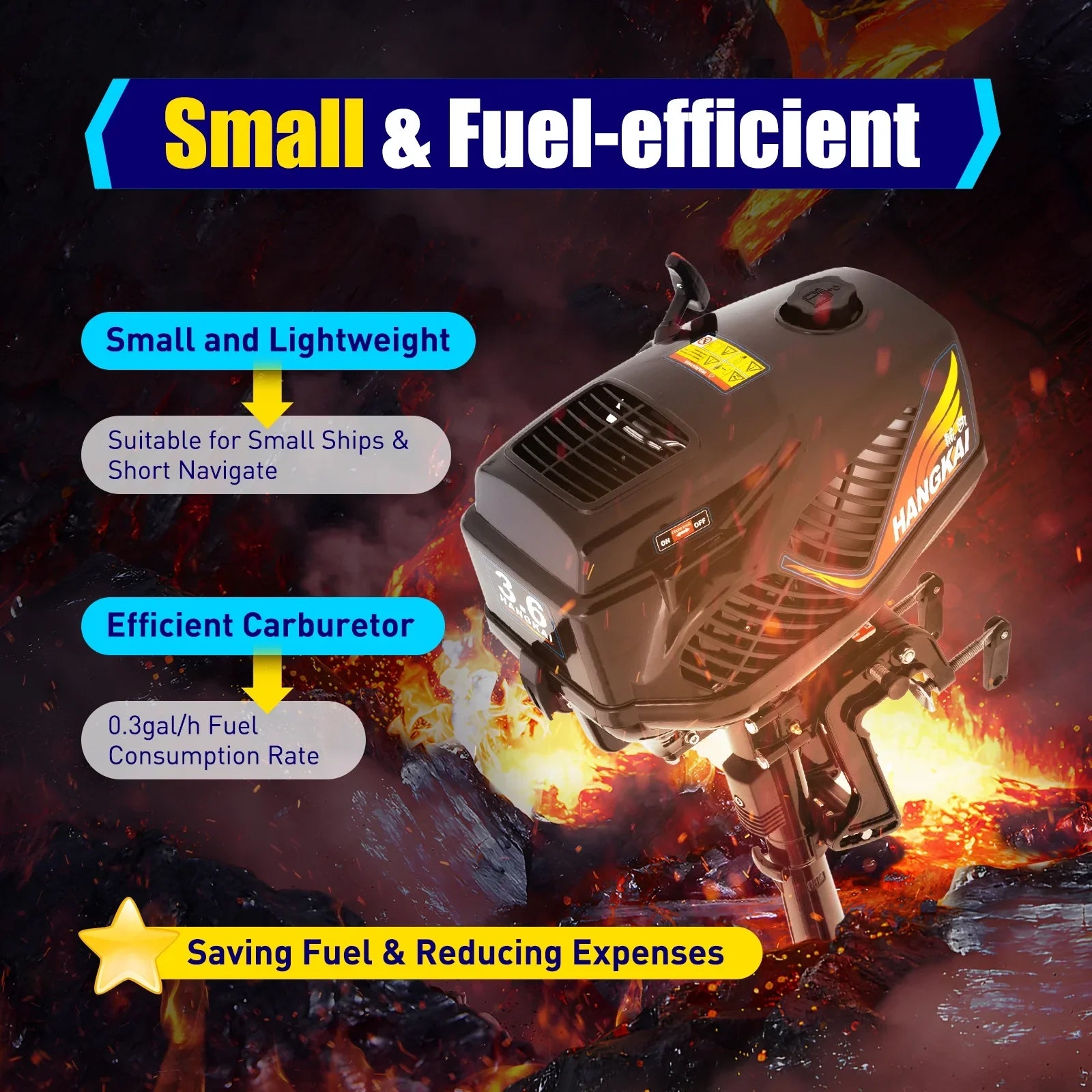 Stylish 2 Stroke 3.6 Gasoline Outboard Motor, 55cc Fishing Boat Engine with Water Cooling System Clutch Control Black