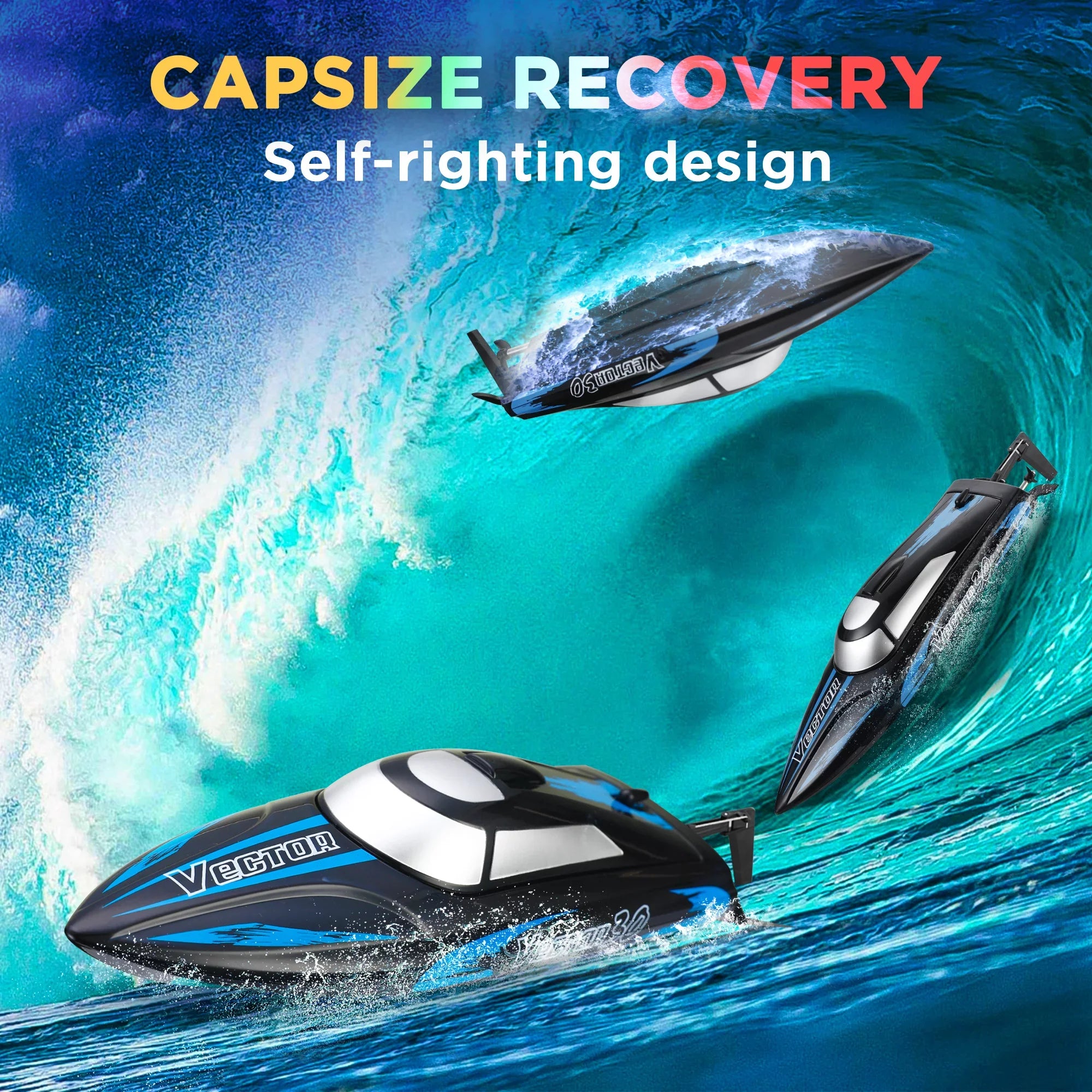 Remote Control Boat for Pools & Lakes, Campmoy Udi001 Venom Fast RC Boat for Kids & Adults, Self Righting Remote Controlled Boat W/Extra Battery (Dark Blue) - Exclusive Design