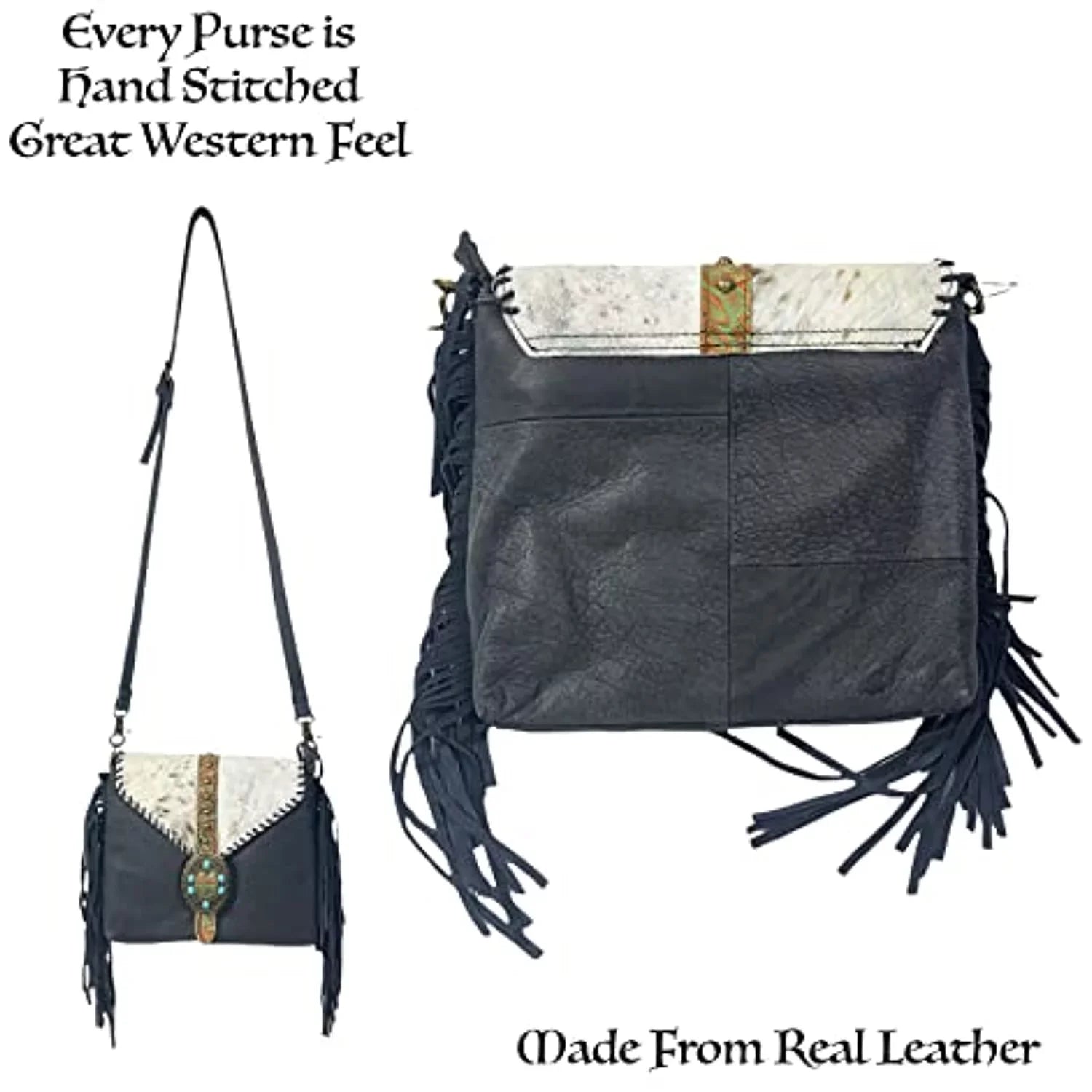 Stylish Urbalabs Western Crossbody Fringe Buckle Cowhair Leather Messenger Teal Stone Tooled Tote Bag Hand Stitched Purses (Blue)