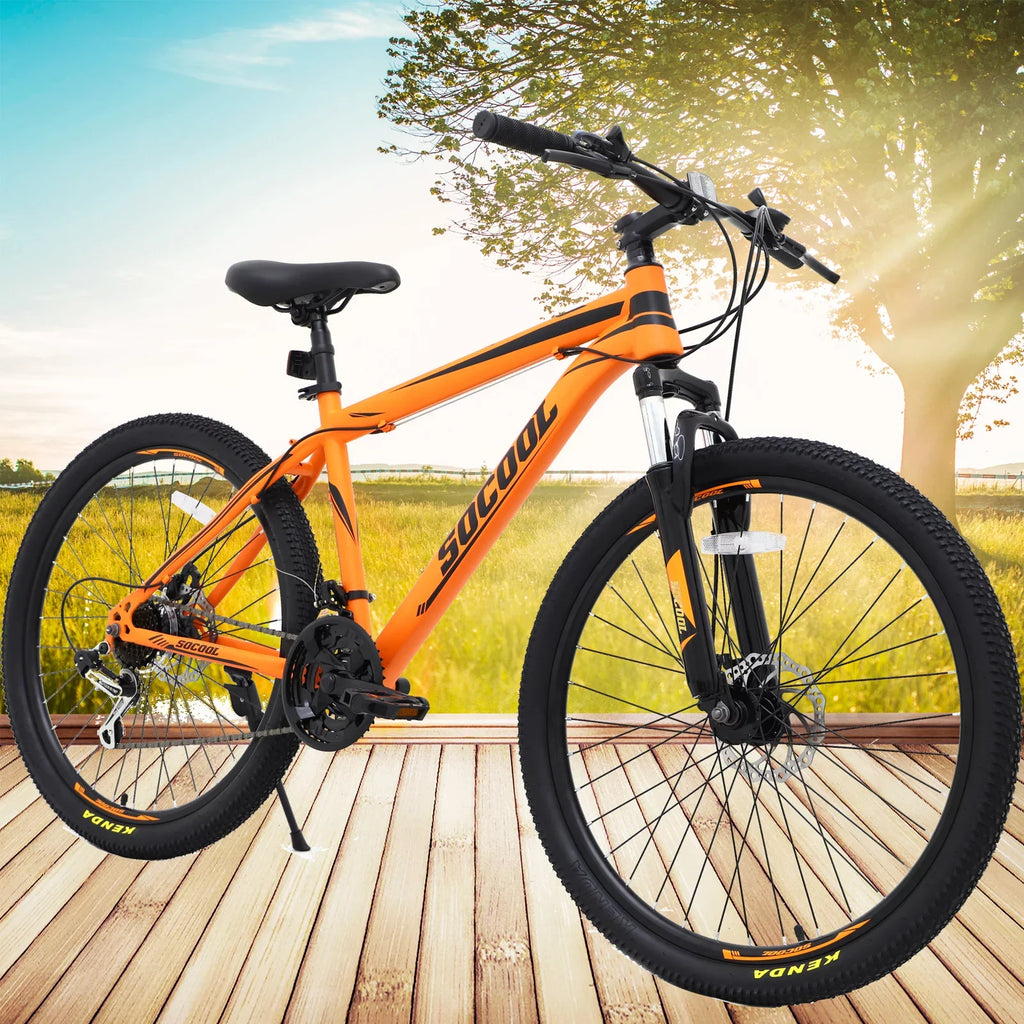 SOCOOL 26 inch Mountain Bike, Disc Brake 21 Speed Bike for Adult or Teens, Road bike with Full Suspension Fork City Bikes, Orange and Black, UF511BK