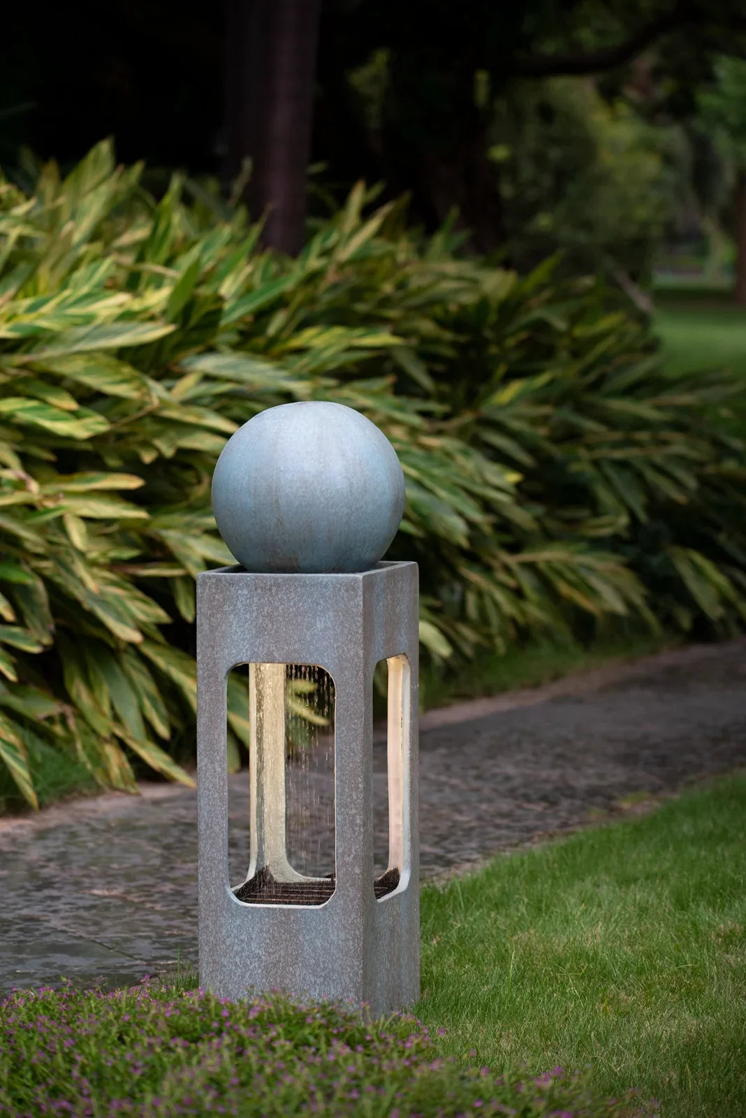CoSoTower 13X13X44" Tall Contemporary Sphere Outdoor Water Fountain, Cement/Concrete Outdoor Fountain, Antique Blue Raindrop Water Feature with Light for Garden, Lawn, Deck & Patio - Exclusive Design