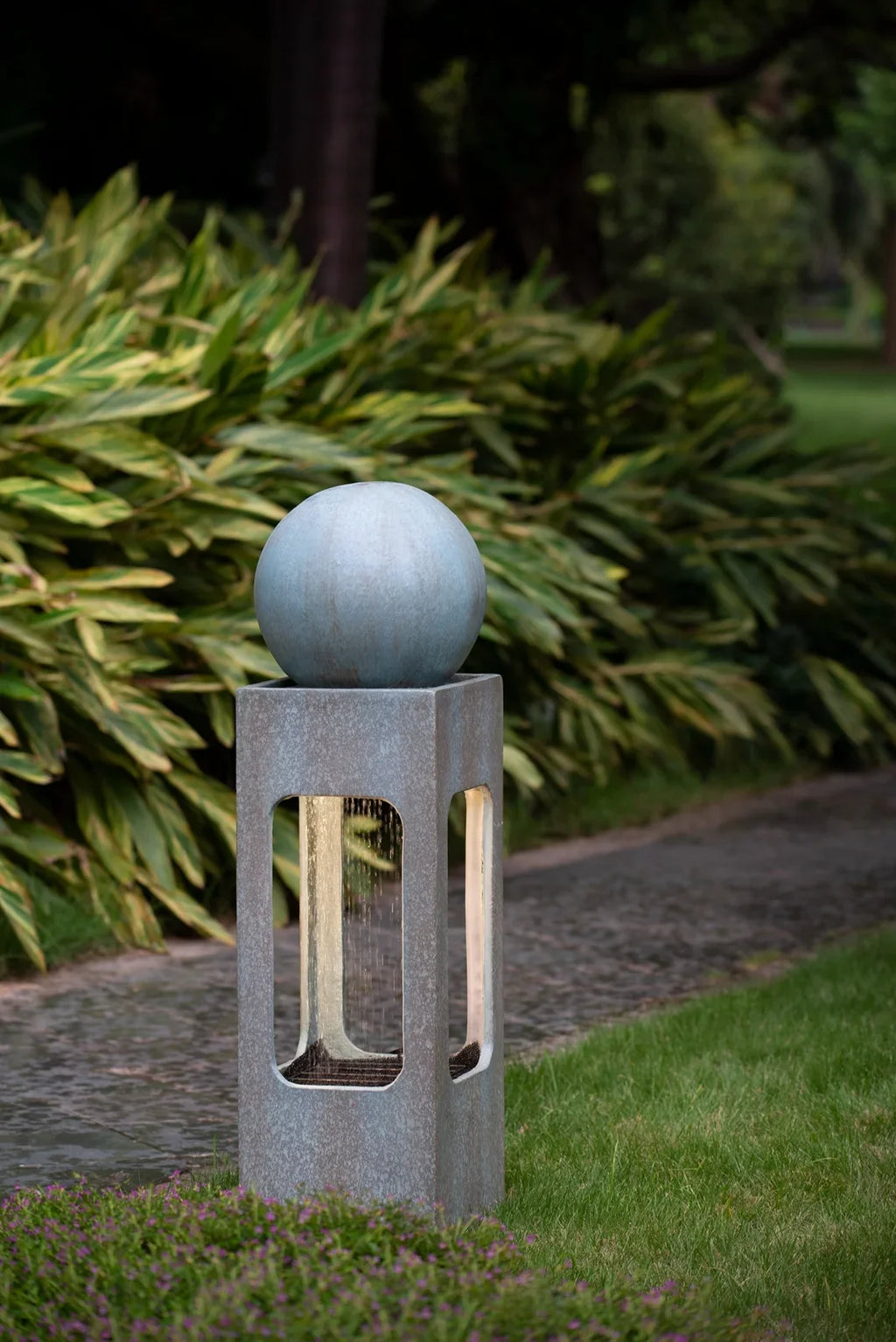 Homiyad 13X13X44" Tall Contemporary Sphere Outdoor Water Fountain, Cement/Concrete Outdoor Fountain, Antique Blue Raindrop Water Feature with Lamp for Garden, Lawn, Deck & Patio