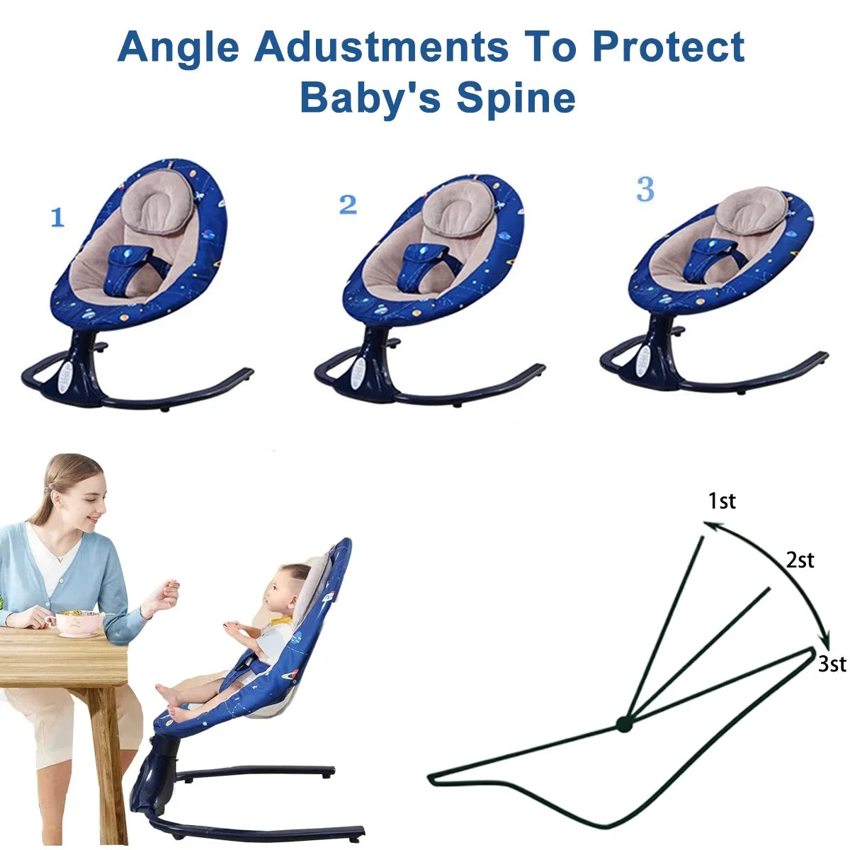 Baby Swings for Infants, Bluetooth Infant Swing with Music Speaker with 3 Seat Positions, 4 Speeds and Remote Control - Portable Baby Swing for Indoor and Outdoor, Blue