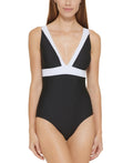 DKNY BLACK Plunging Colorblocked One-Piece Swimsuit, US 4 - Exclusive Design