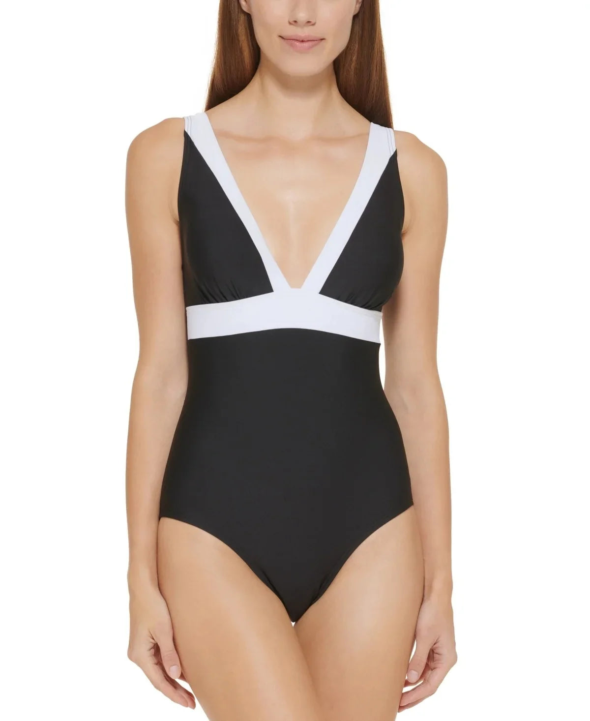 DKNY BLACK Plunging Colorblocked One-Piece Swimsuit, US 4 - Exclusive Design
