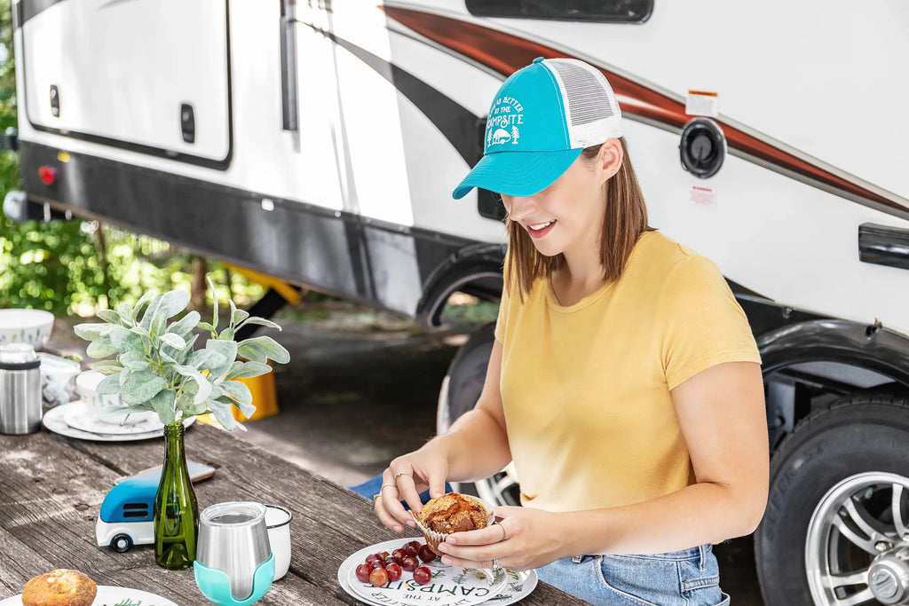 Stylish Camco Life is Better at the Campsite Wine Tumblers | Features a Vacuum Insulated Kitchen Grade 18/8 Stainless Steel Construction, 4 Colorful Removable Stems, and Comes in a 8oz Size (53068)