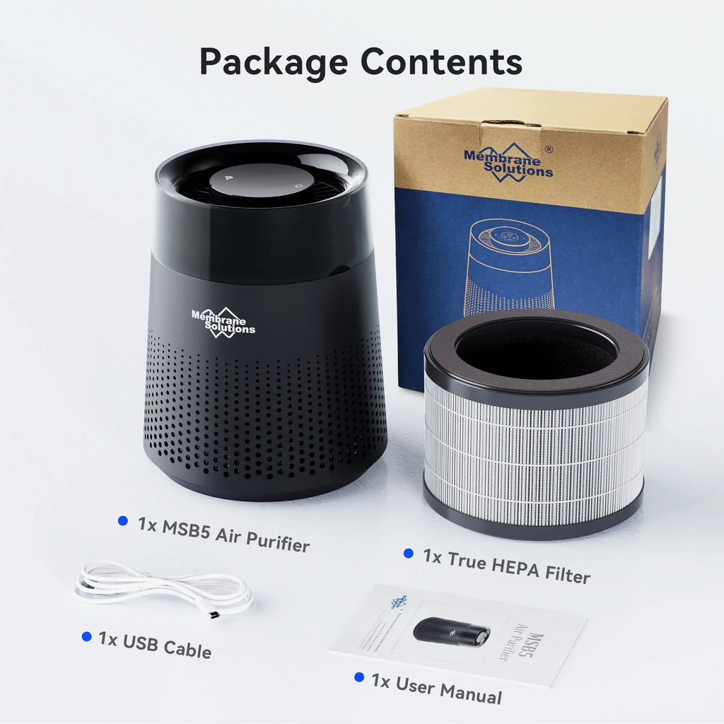 Membrane Solutions MSB5 Air Purifier for Allergies and Asthma, H13 True HEPA Filter, LED Light, Black - Exclusive Design