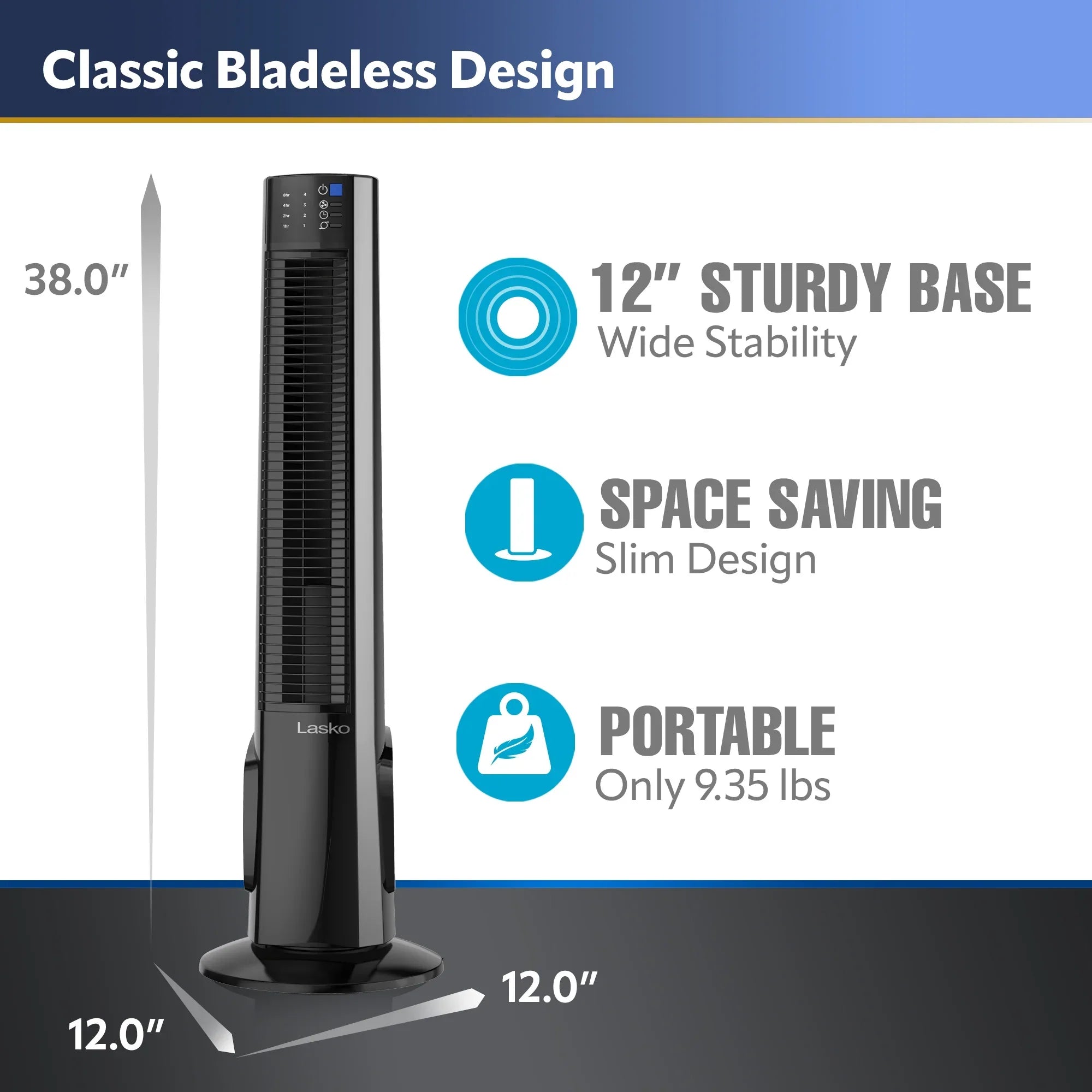 Stylish Lasko 38" 4-Speed Hybrid Tower Fan with Timer, Remote Control, Black/Silver, T38415, New