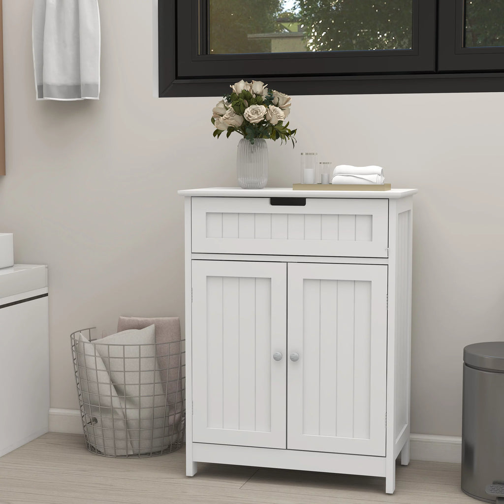 Stylish Versatile Bathroom Floor Cabinet in White Freestanding Wood Storage Organizer 2 Doors, 1 Drawer Adjustable Shelf Elegant Design for Bathroom and Living Room.