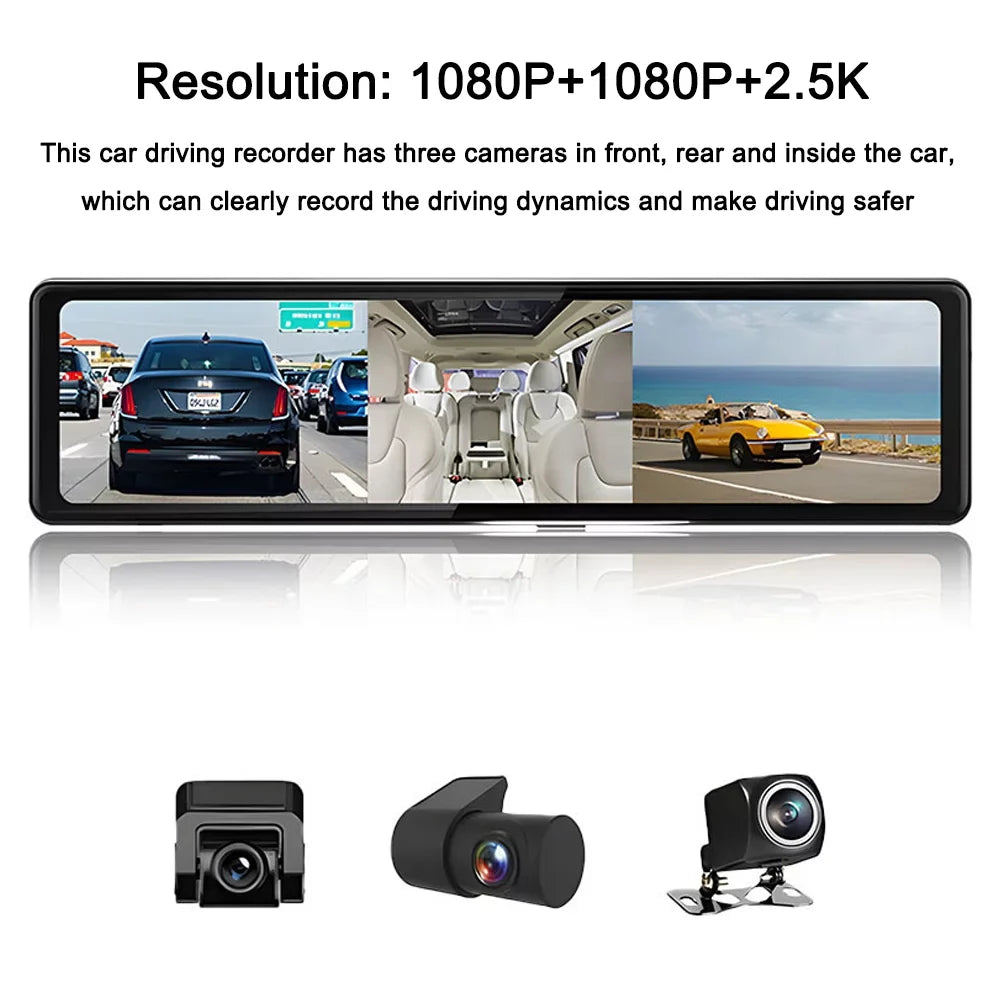 Stylish Pinnaco 3 Cameras Dash Cam 2.5K Clear Car Rearview Mirror BT Car Video Recording Camcorder Touched Screen Car Camera Recorder Auto Driving Recorder for Enhanced Safety