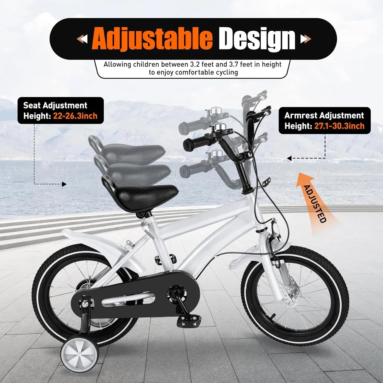 14 Inch White Kids Bike Kids Mountain Bike, Bicycle for Kids 2-4, Bicycle with Training Wheels, Adjustable Height Kids Bike for Boys/Girls, Multiple Colors - Exclusive Design