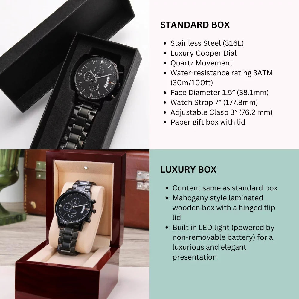 My Man I Love You Engraved Black Chronograph Watch For Boyfriend or Husband - Exclusive Design