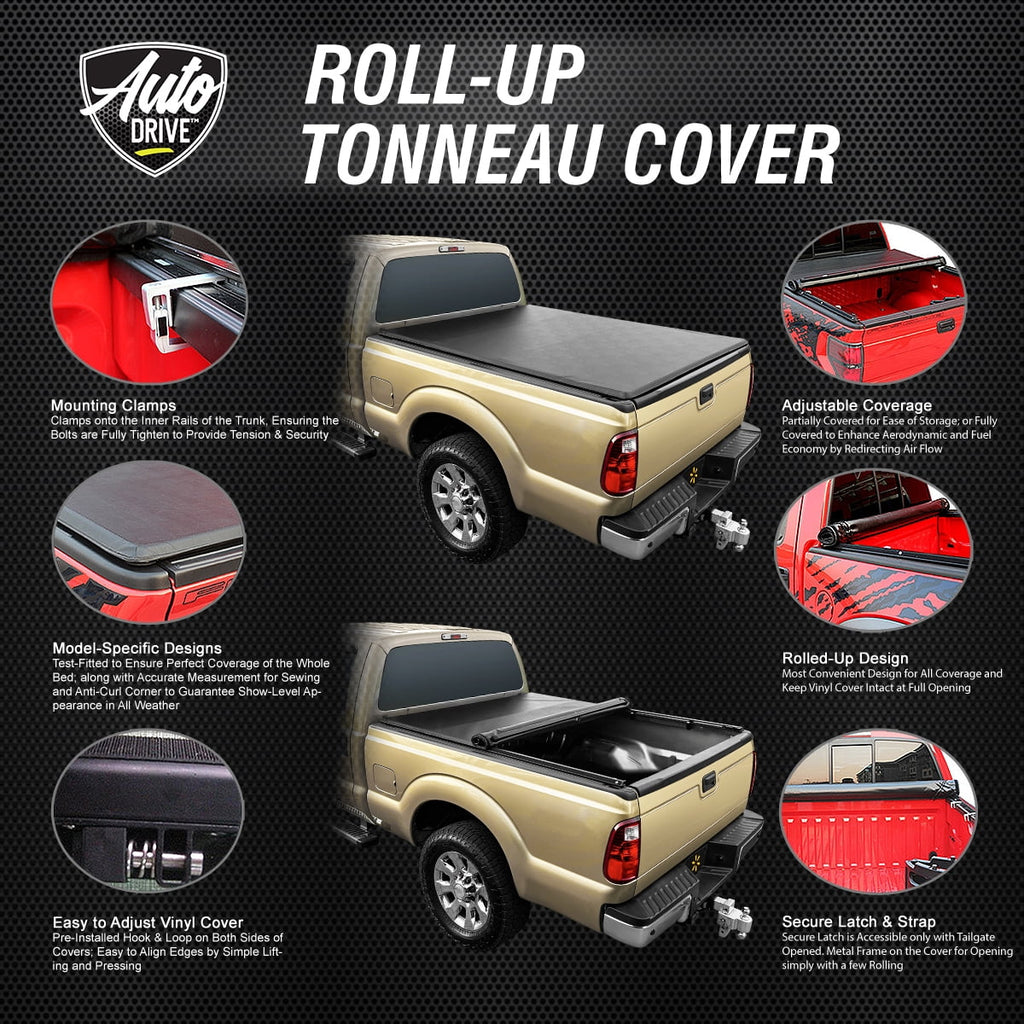 Auto Drive Soft Roll up Truck Bed Tonneau Cover Fits 94-10 Dodge Ram 1500 2500 3500 / 11-18 Ram 1500 2500 3500 8Ft Bed - Exclusive Design