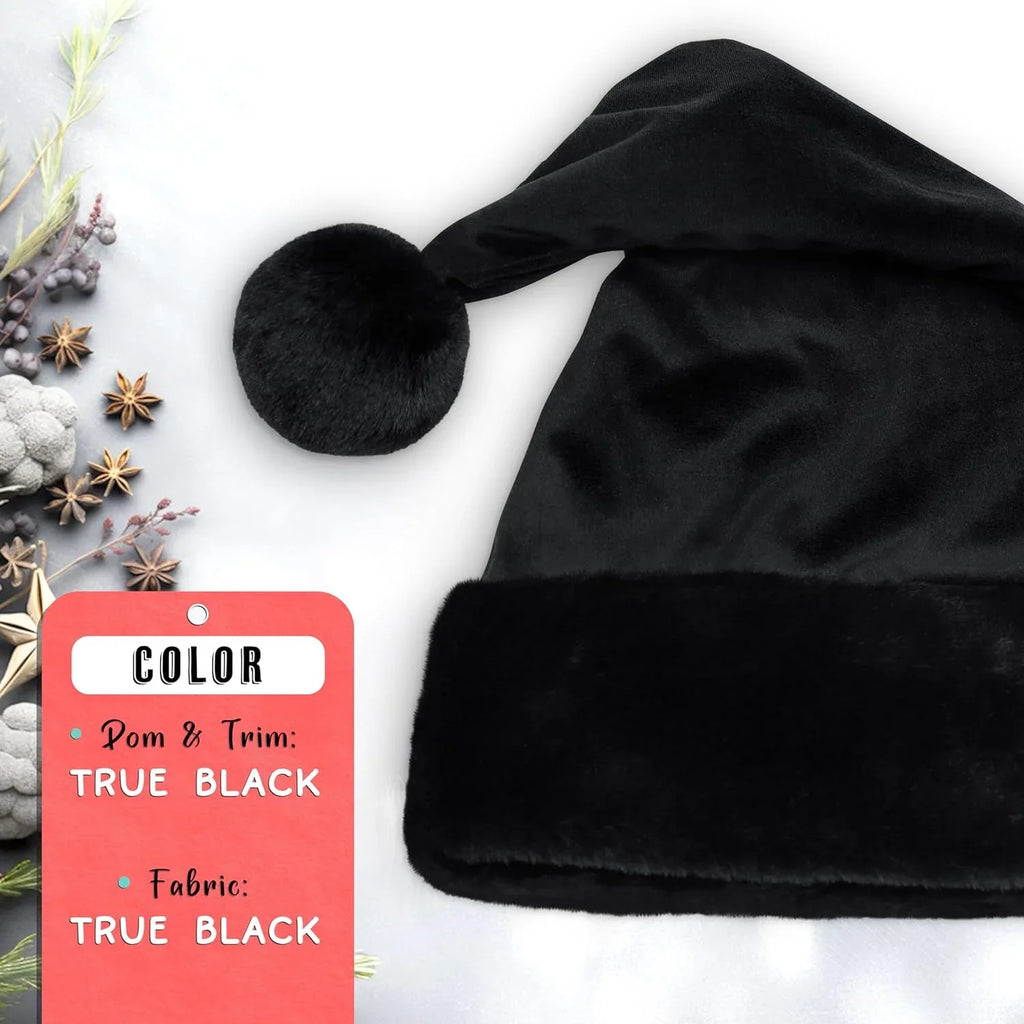 Stylish All Black Santa Hat - Faux Fur Black Trim - Gothic Xmas Accessory, Goth Christmas Hat - Adult, 1 Size