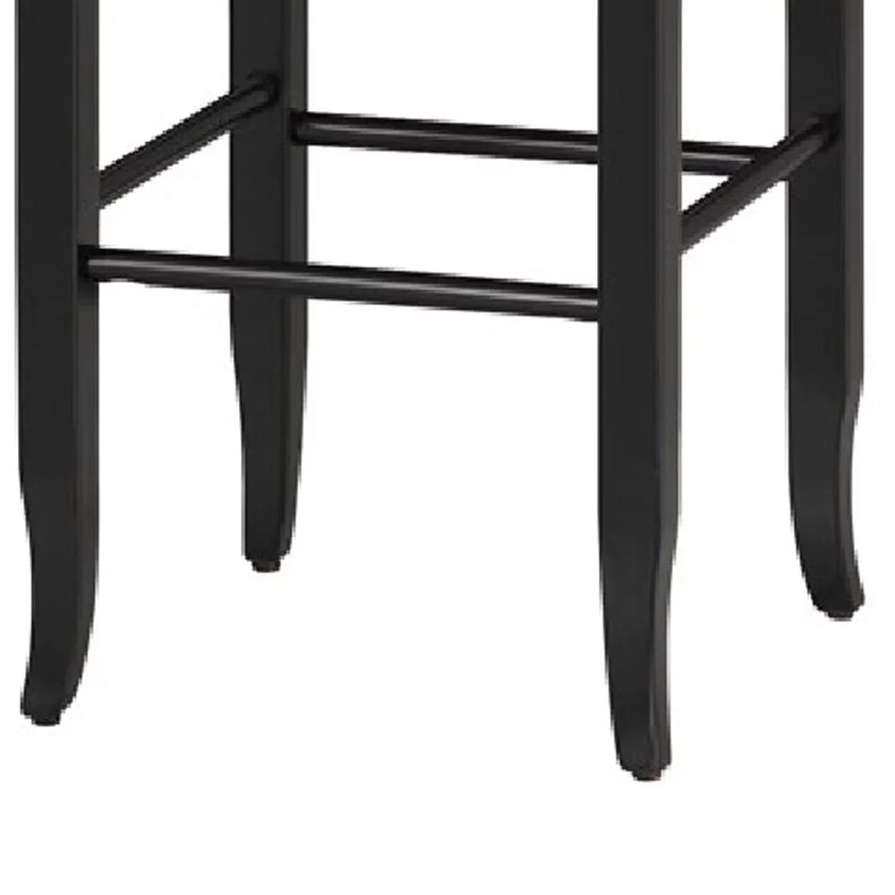 Stylish Rush Woven Wooden Frame Barstool with Saber Legs, Beige and Black- Saltoro Sherpi