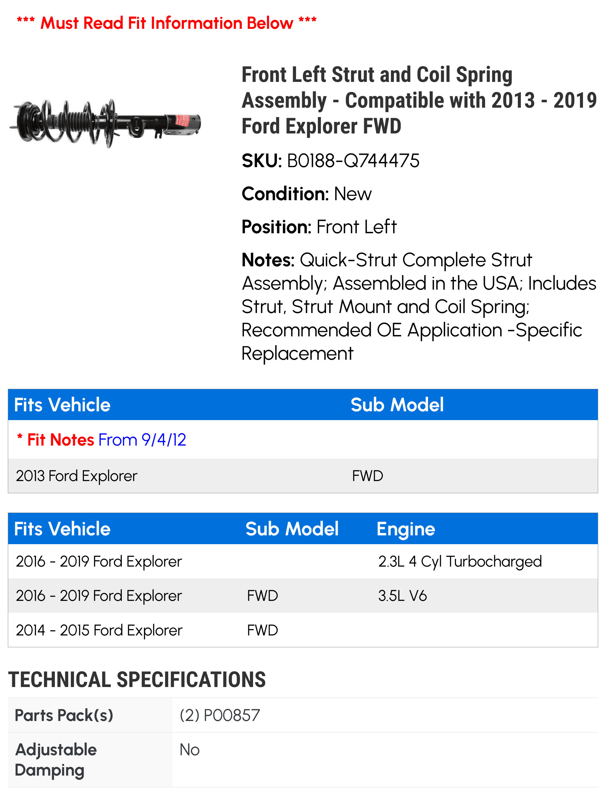 Front Left Strut and Coil Spring Assembly - Compatible with 2013 - 2019 Ford Explorer FWD 2014 2015 2016 2017 2018