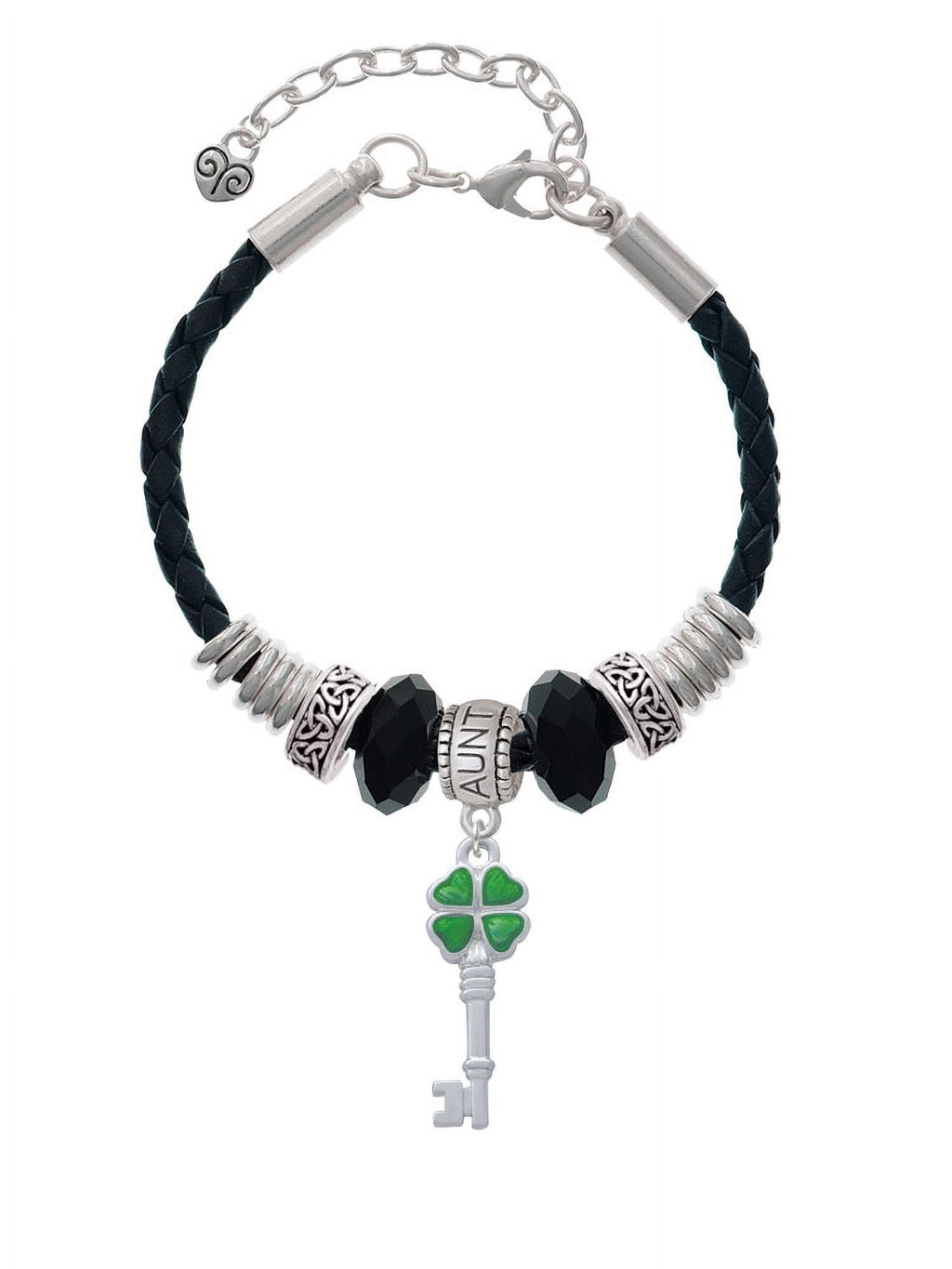 Delight Jewelry Silvertone Translucent Green Lucky Four Leaf Clover Key Aunt Celtic Knot Leather Bead Bracelet, 7"+2" Extender
