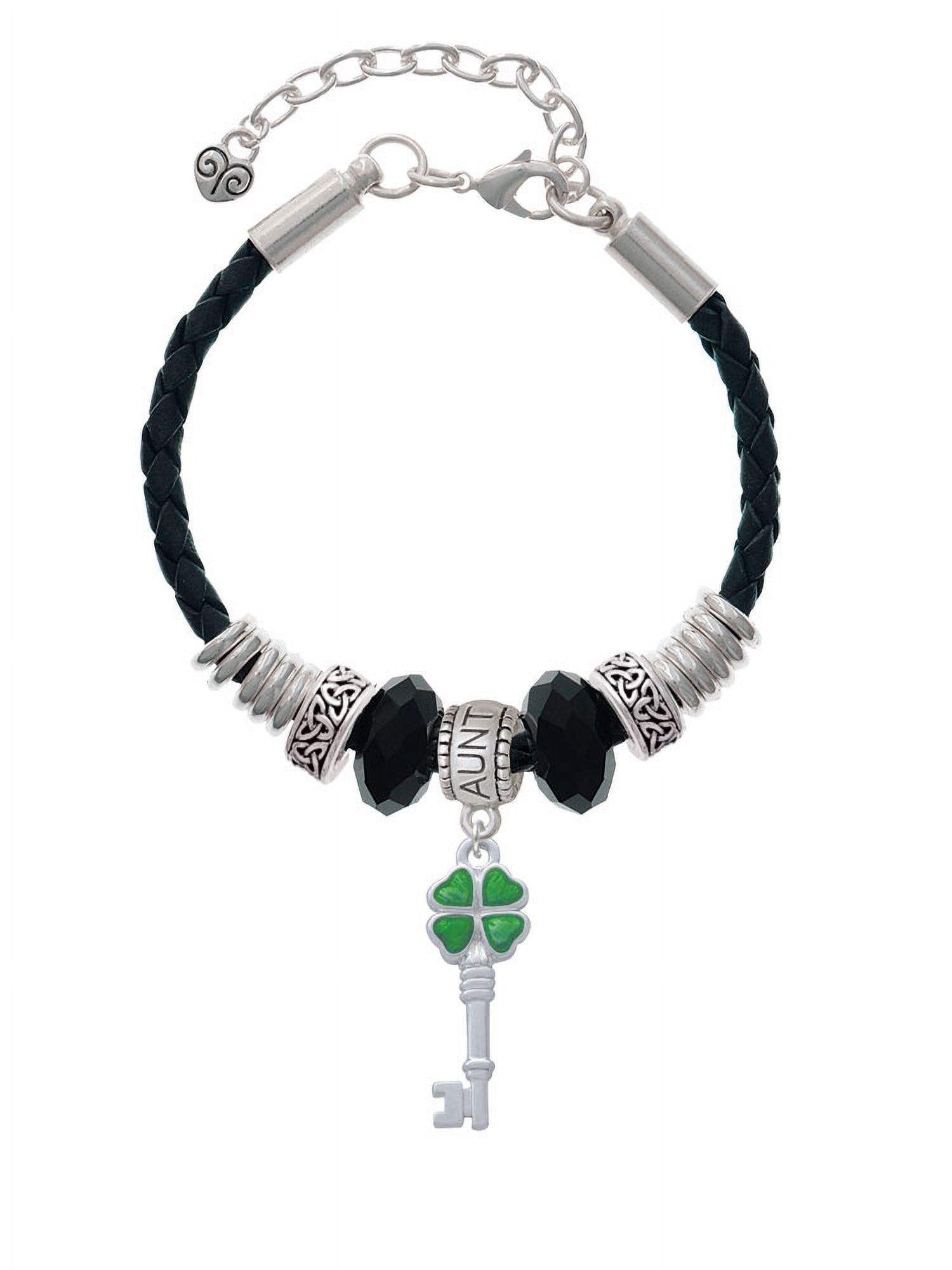 Delight Jewelry Silvertone Translucent Green Lucky Four Leaf Clover Key Aunt Celtic Knot Leather Bead Bracelet, 7"+2" Extender