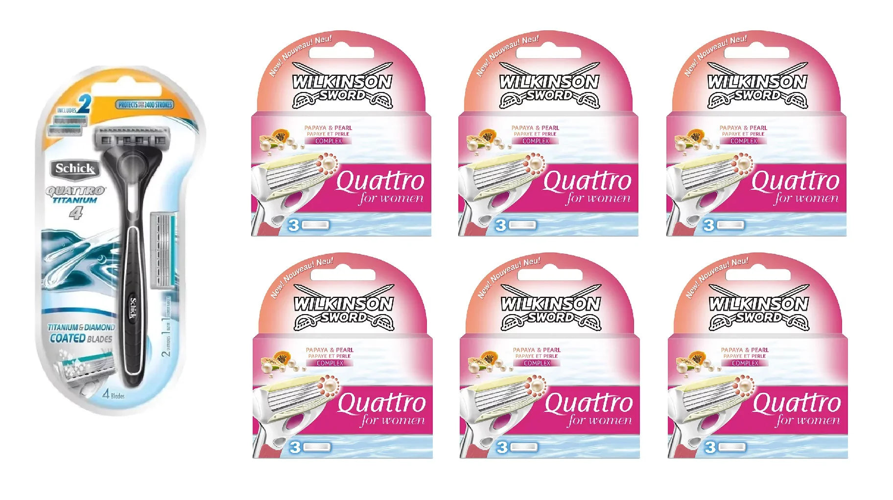 Stylish Schick Quattro Titanium 1 Razor with 2 Refill Blades and Wilkinson Quattro for Women Refill Blades, 18 count
