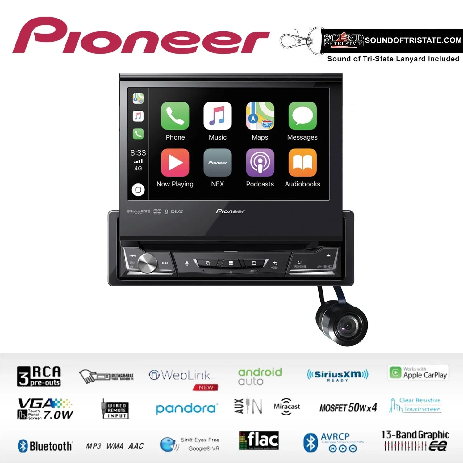 Pioneer AVH-3500NEX Single Din Flip Out DVD Receiver with Bullet Style Camera